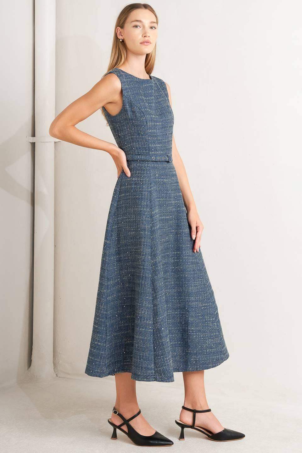 VINTAGE VIBE BOUCLÉ WOVEN TWEED MIDI DRESS - Flying Tomato - Flyclothing LLC