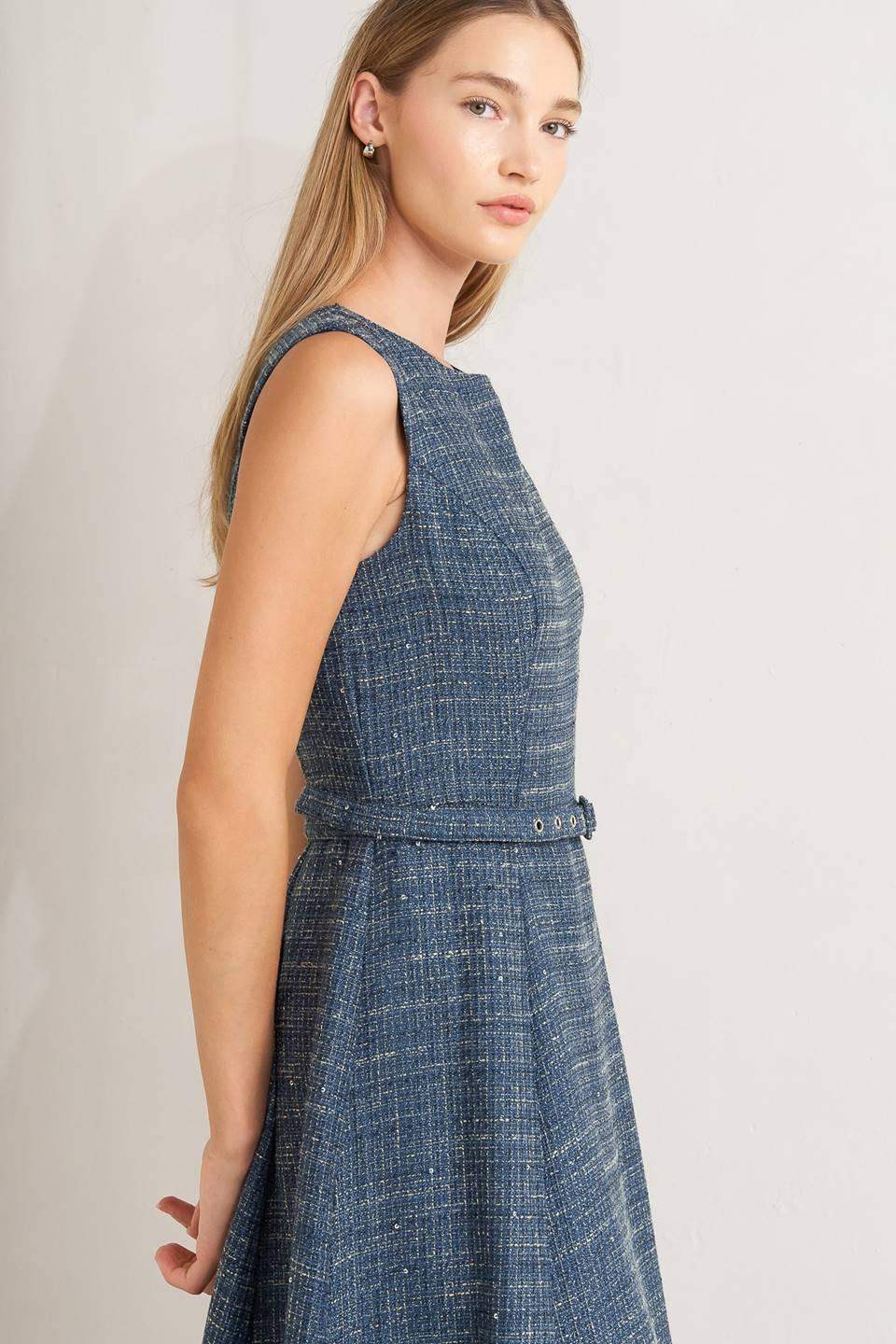 VINTAGE VIBE BOUCLÉ WOVEN TWEED MIDI DRESS - Flying Tomato - Flyclothing LLC