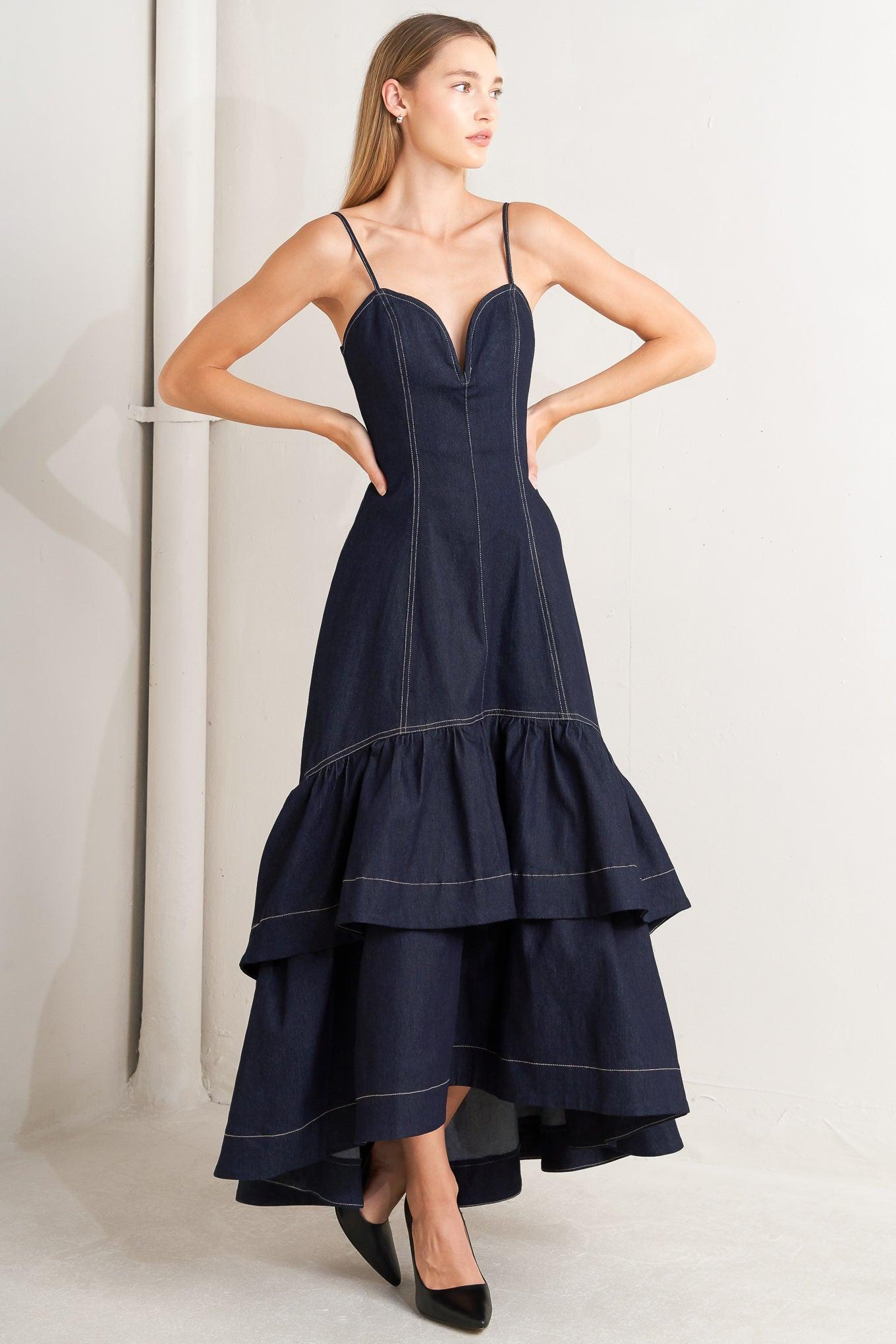 RAW ELEGANCE DENIM MIDI DRESS - Flying Tomato - Flyclothing LLC