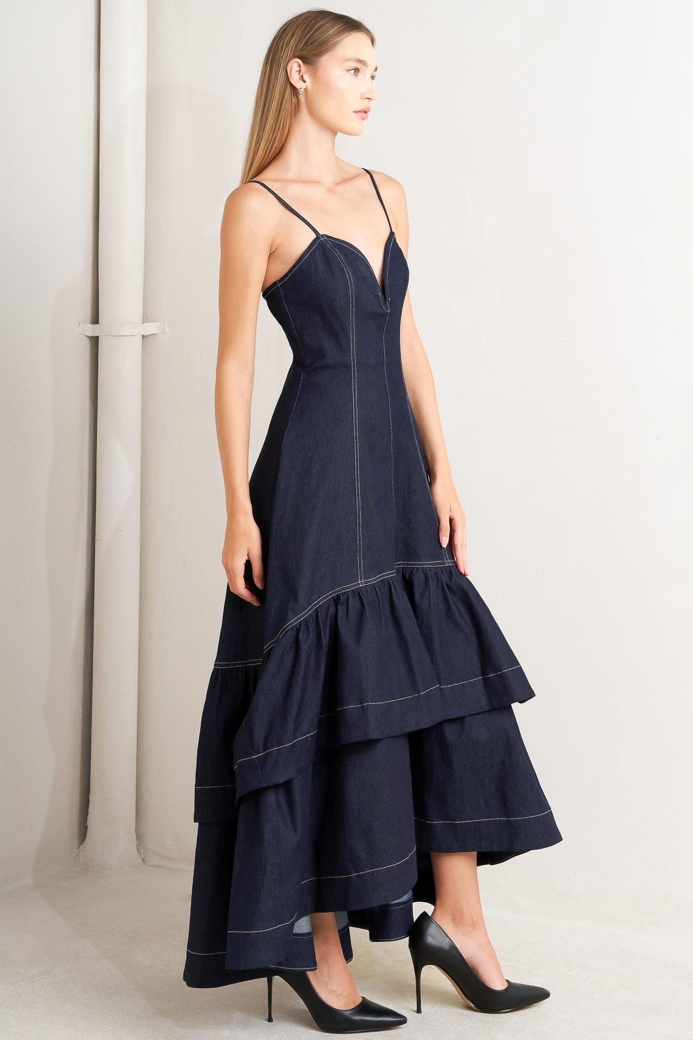 RAW ELEGANCE DENIM MIDI DRESS - Flying Tomato - Flyclothing LLC