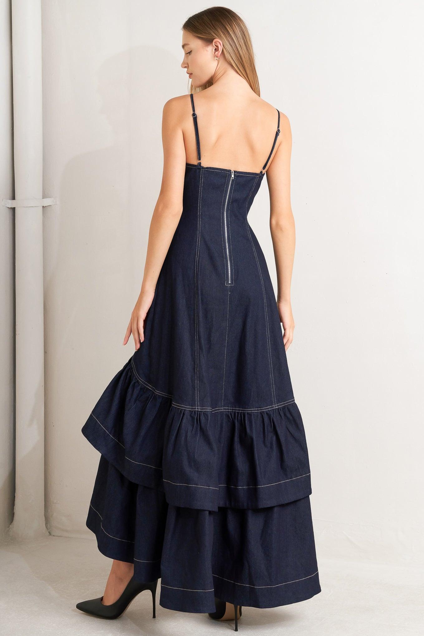 RAW ELEGANCE DENIM MIDI DRESS - Flying Tomato - Flyclothing LLC