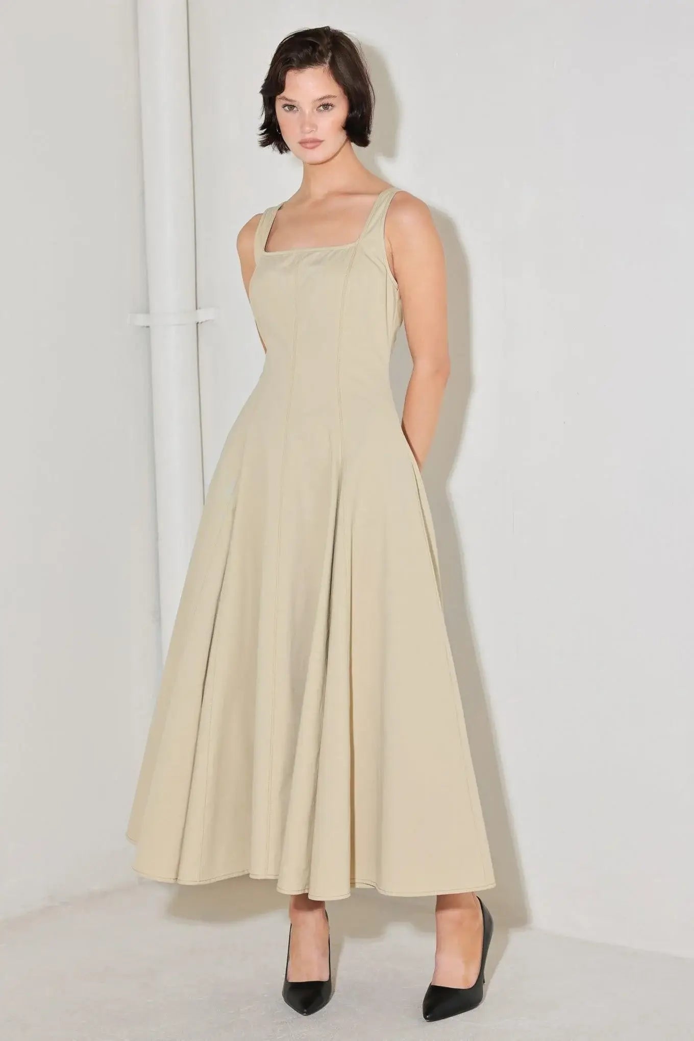 SANDSTONE SERENADE WOVEN MIDI DRESS - Flying Tomato - Flyclothing LLC