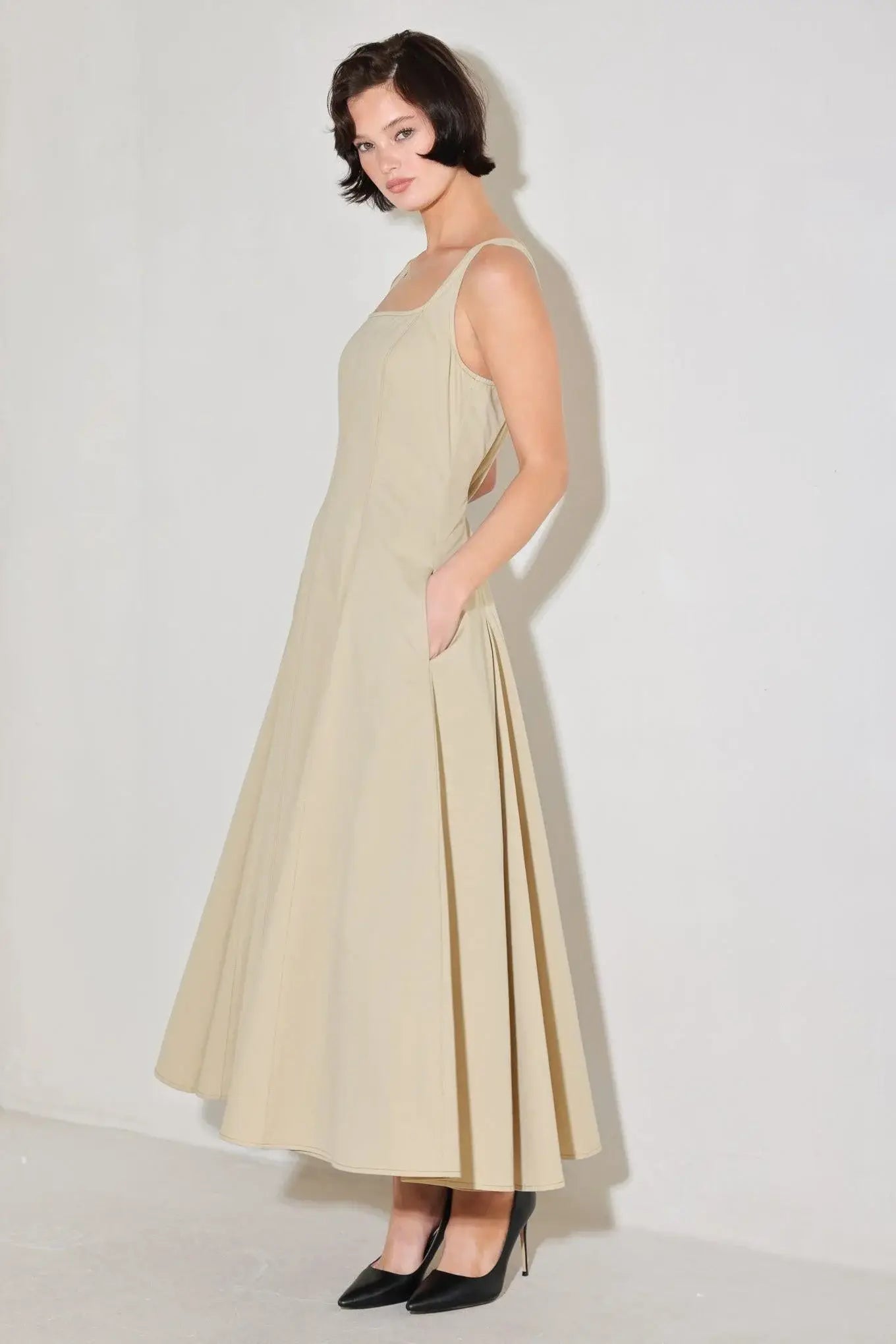 SANDSTONE SERENADE WOVEN MIDI DRESS - Flying Tomato - Flyclothing LLC