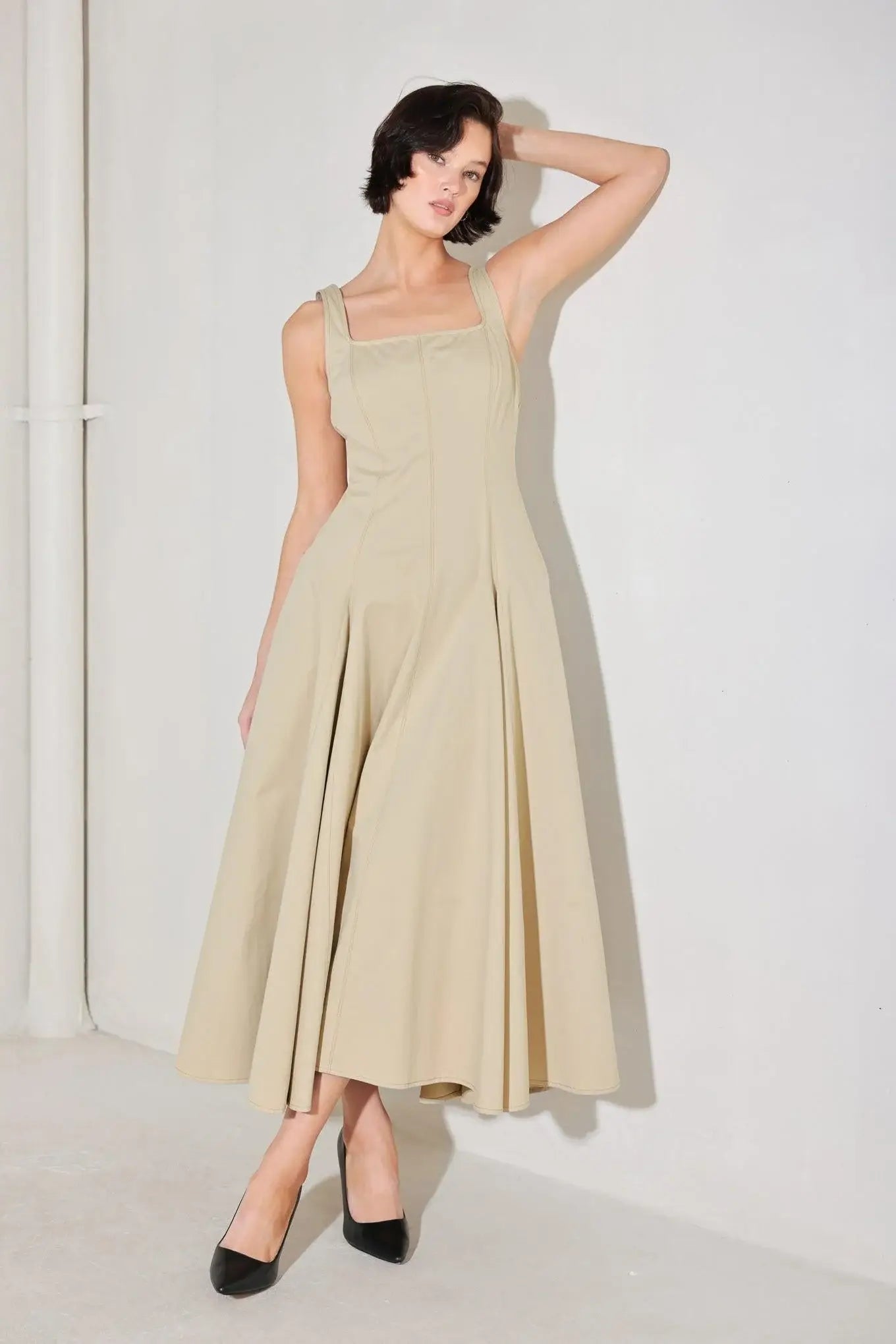 SANDSTONE SERENADE WOVEN MIDI DRESS - Flying Tomato - Flyclothing LLC