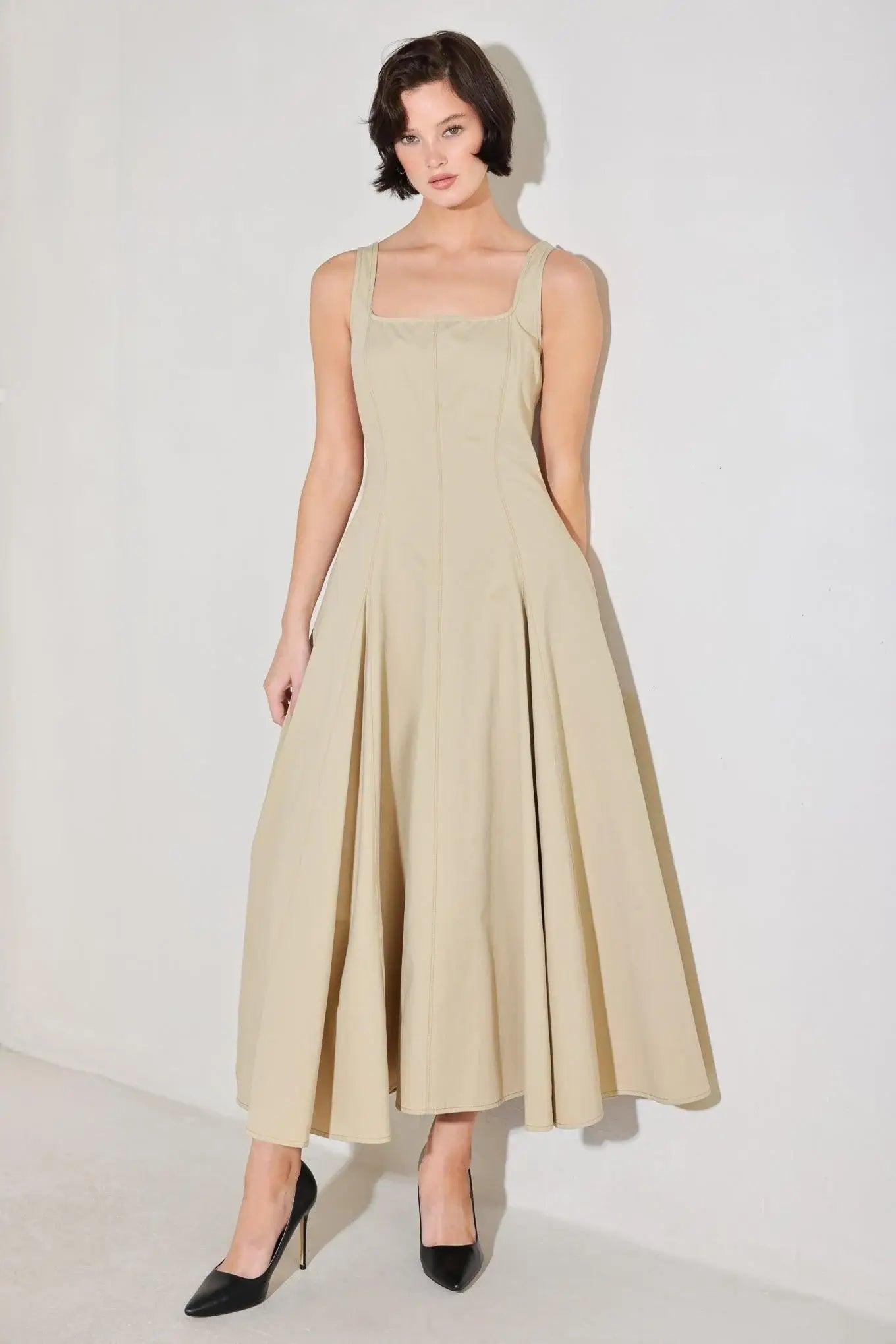 SANDSTONE SERENADE WOVEN MIDI DRESS - Flying Tomato - Flyclothing LLC