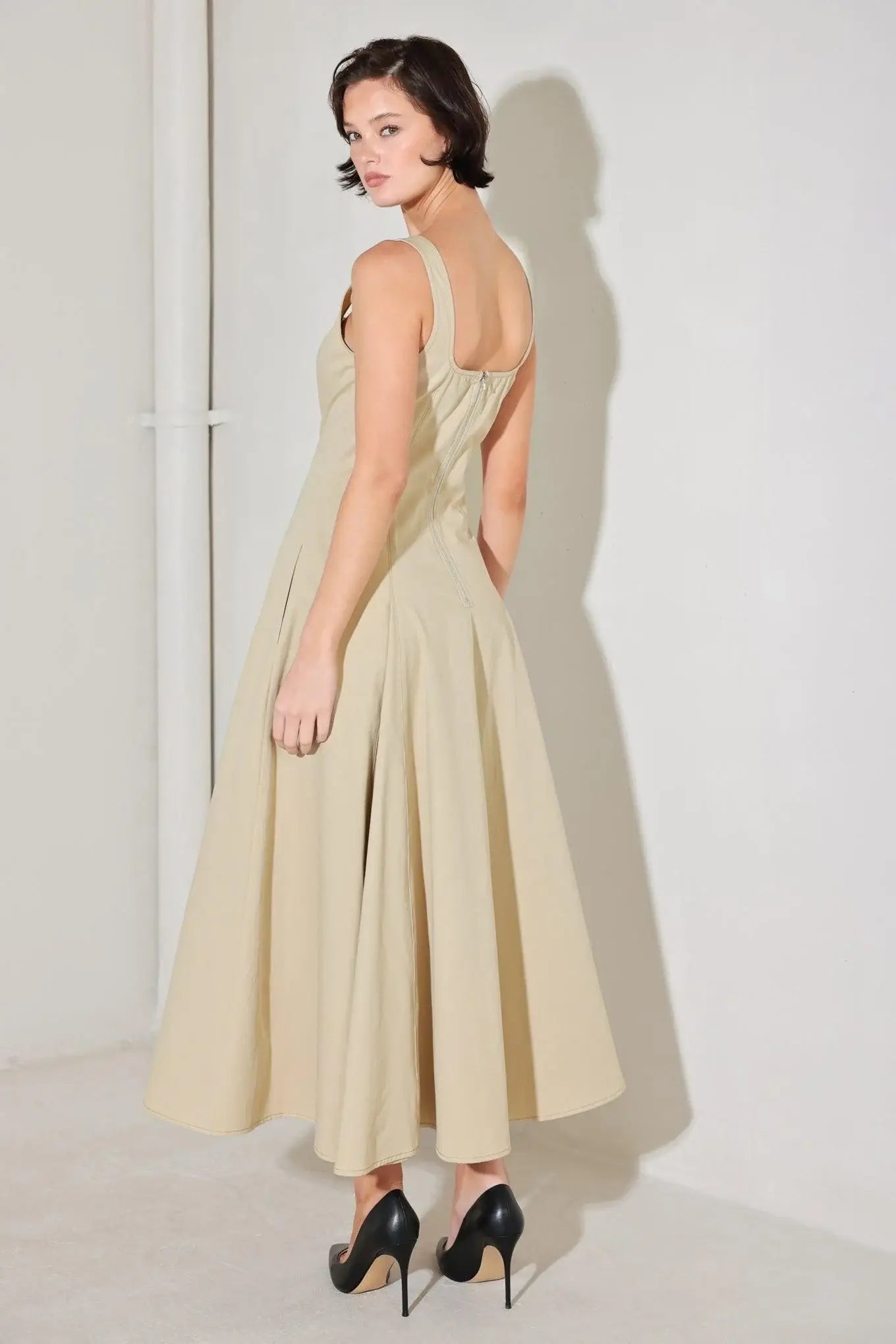 SANDSTONE SERENADE WOVEN MIDI DRESS - Flying Tomato - Flyclothing LLC
