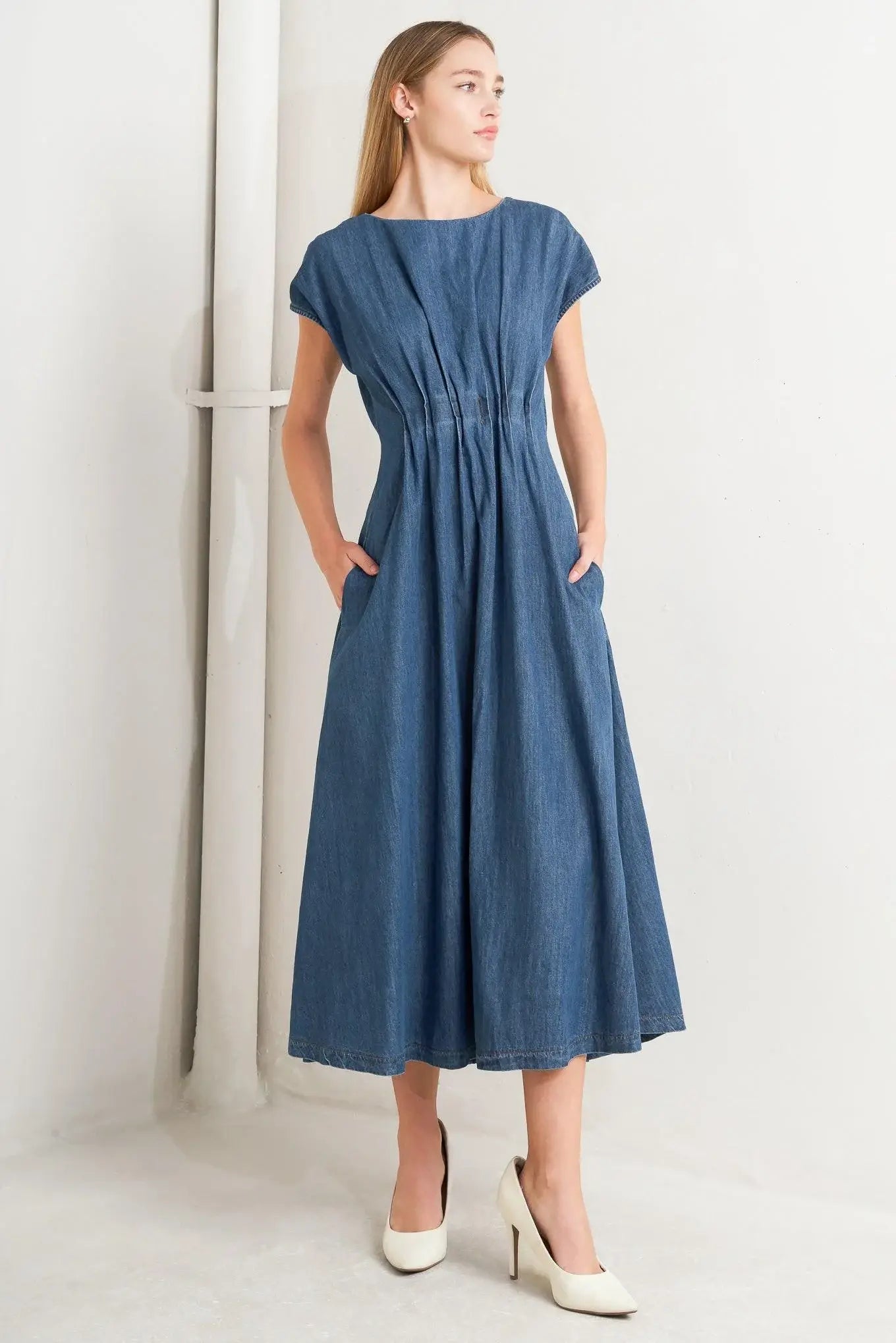 MODERN WORK DENIM MIDI DRESS - Flying Tomato - Flyclothing LLC