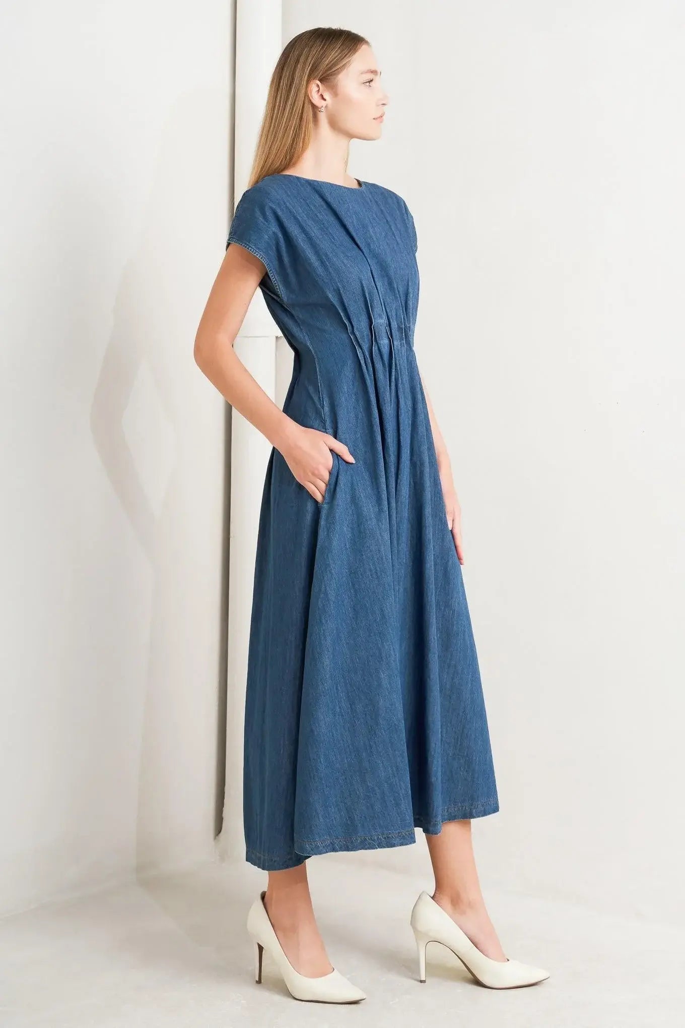MODERN WORK DENIM MIDI DRESS - Flying Tomato - Flyclothing LLC