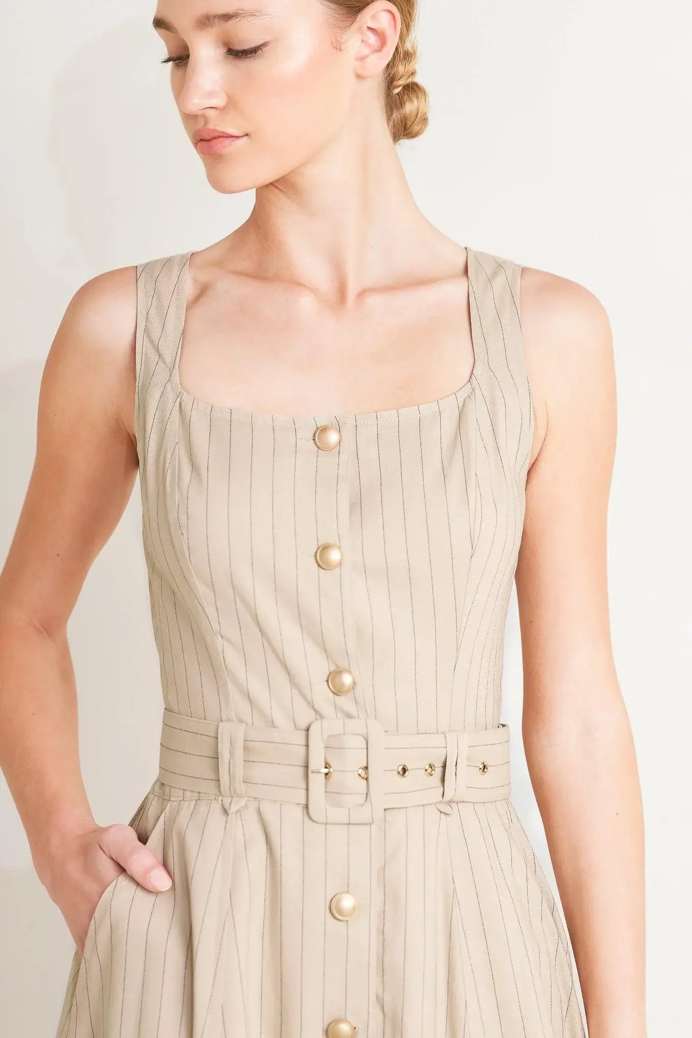 TAILORED IN SUNLIGHT WOVEN MIDI DRESS - Flying Tomato - Flyclothing LLC