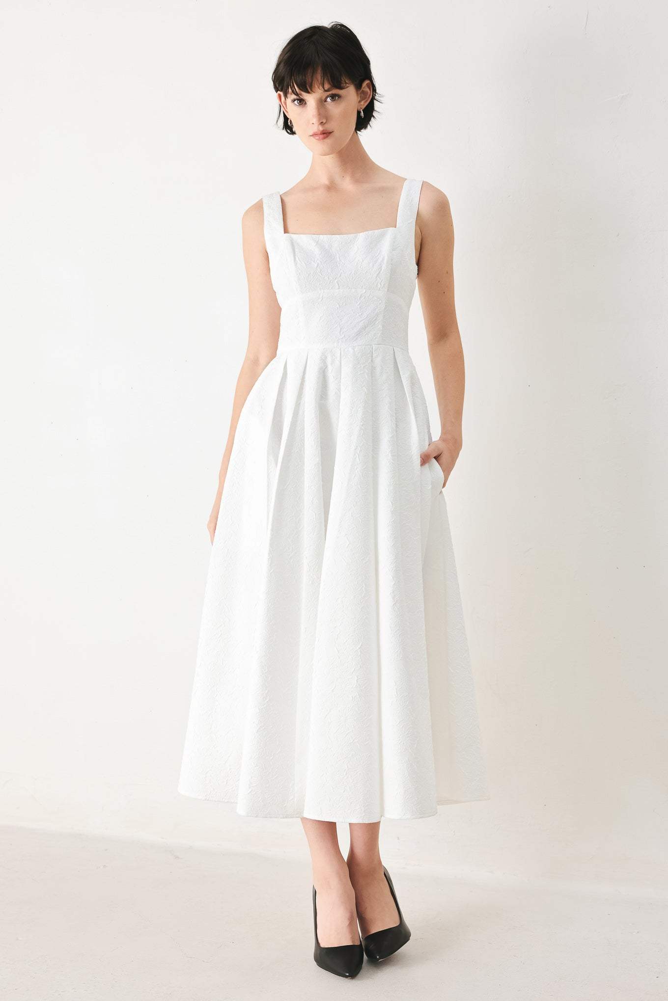 ECHO IN WHITE WOVEN MIDI DRESS - Flying Tomato - Flyclothing LLC