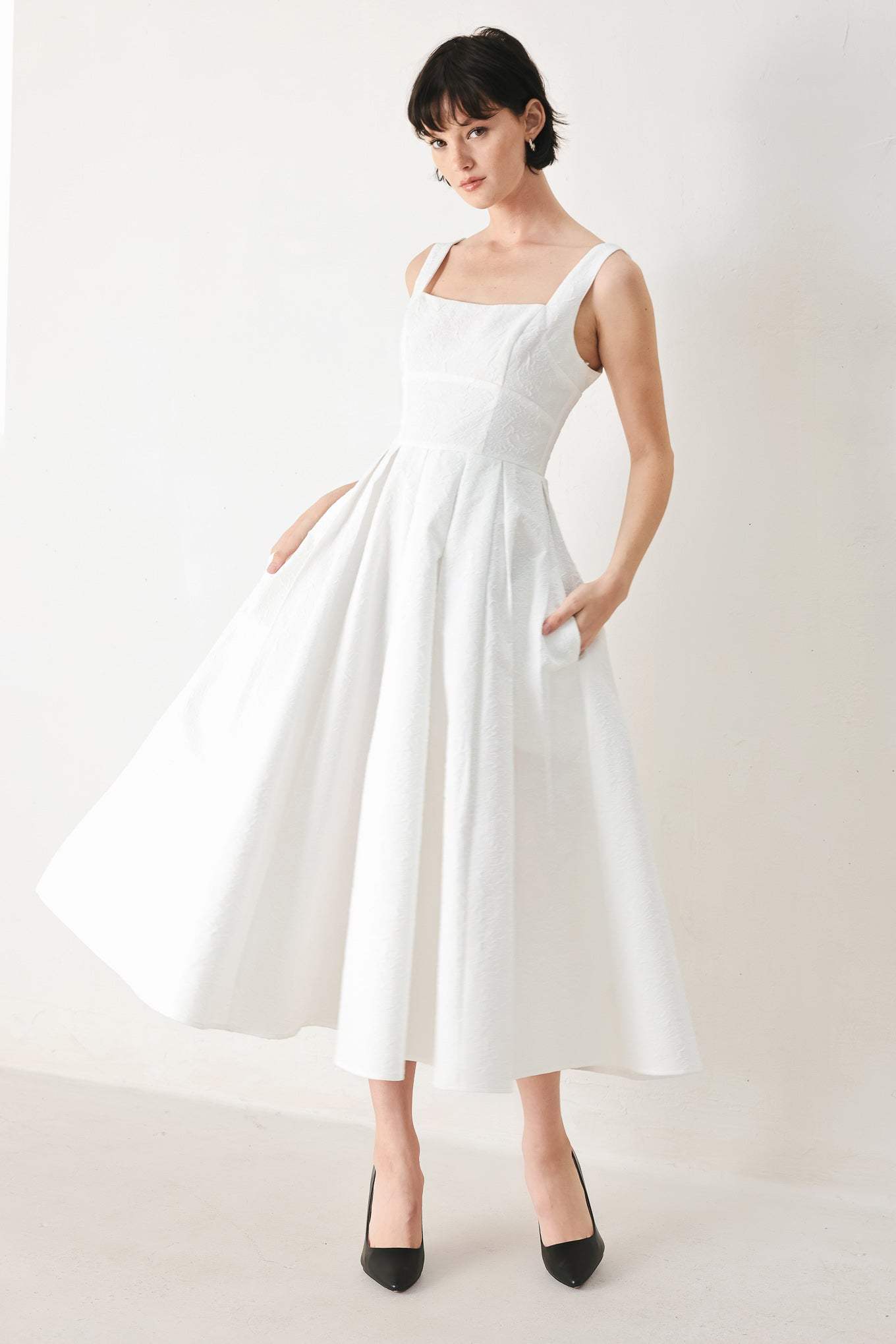 ECHO IN WHITE WOVEN MIDI DRESS - Flying Tomato - Flyclothing LLC