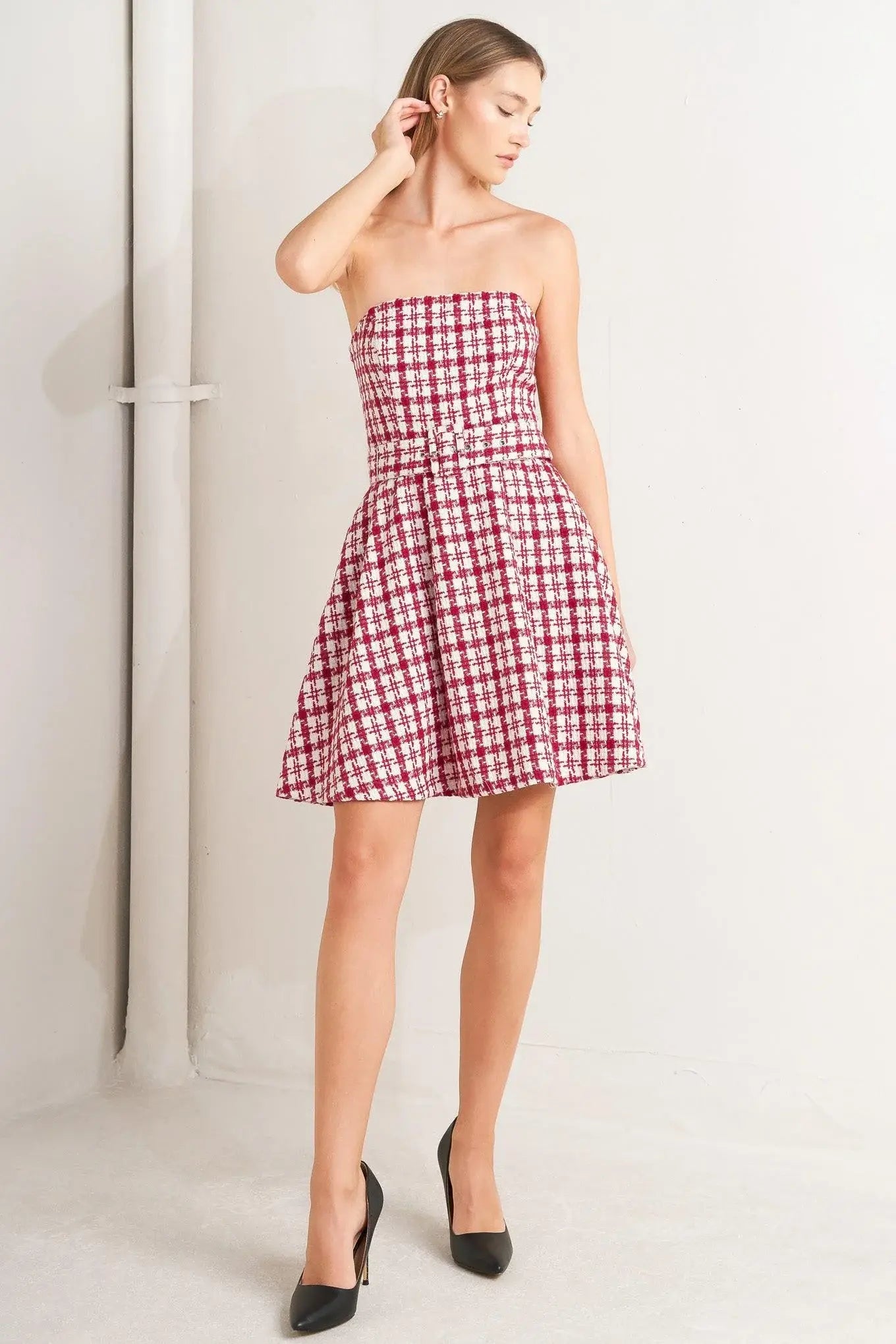 CHERRY CHECK TWEED MINI DRESS - Flying Tomato - Flyclothing LLC