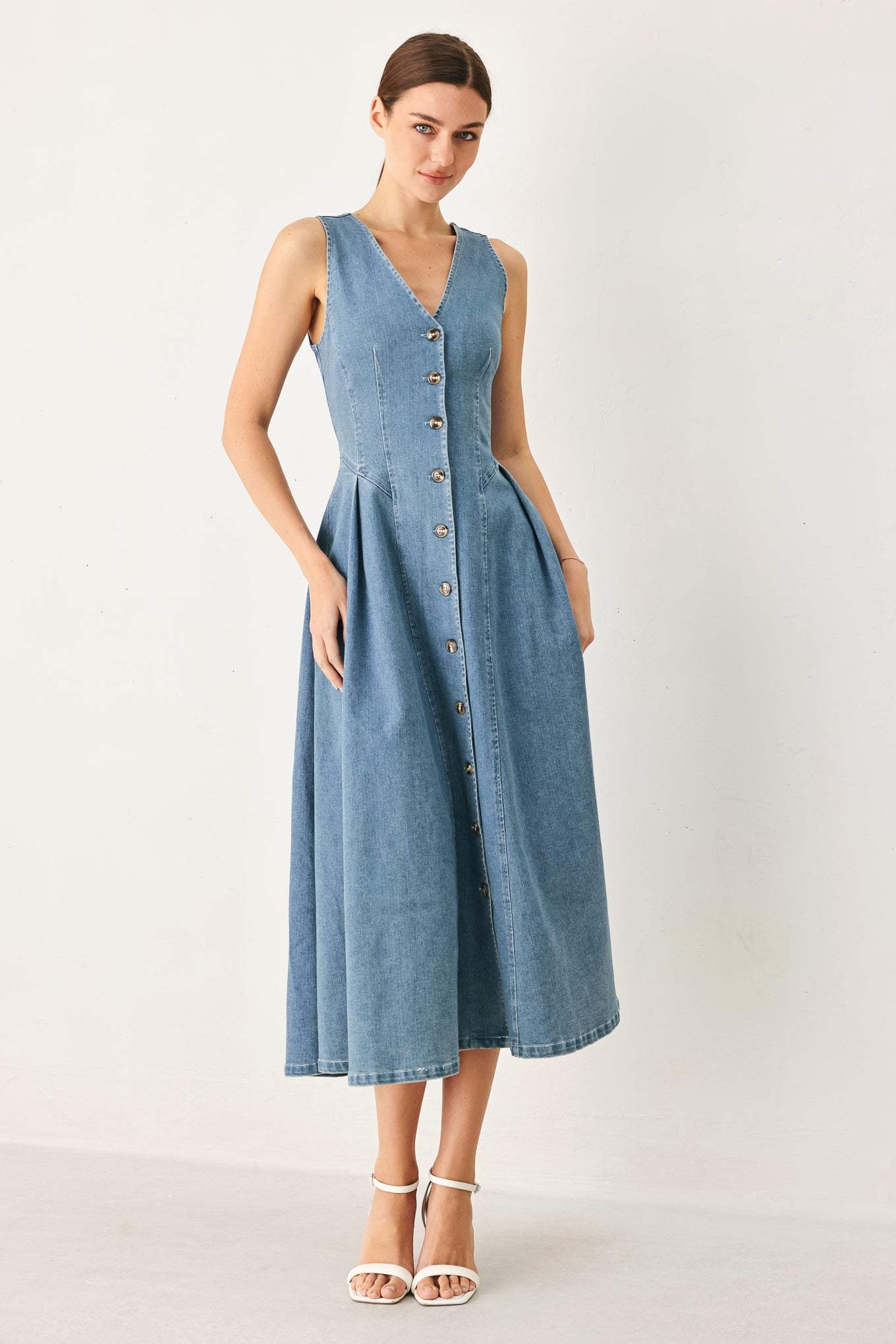 SWEETHEART V-NECK DENIM MIDI DRESS - Flying Tomato - Flyclothing LLC