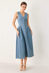 SWEETHEART V-NECK DENIM MIDI DRESS - Flying Tomato - Flyclothing LLC