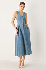 SWEETHEART V-NECK DENIM MIDI DRESS