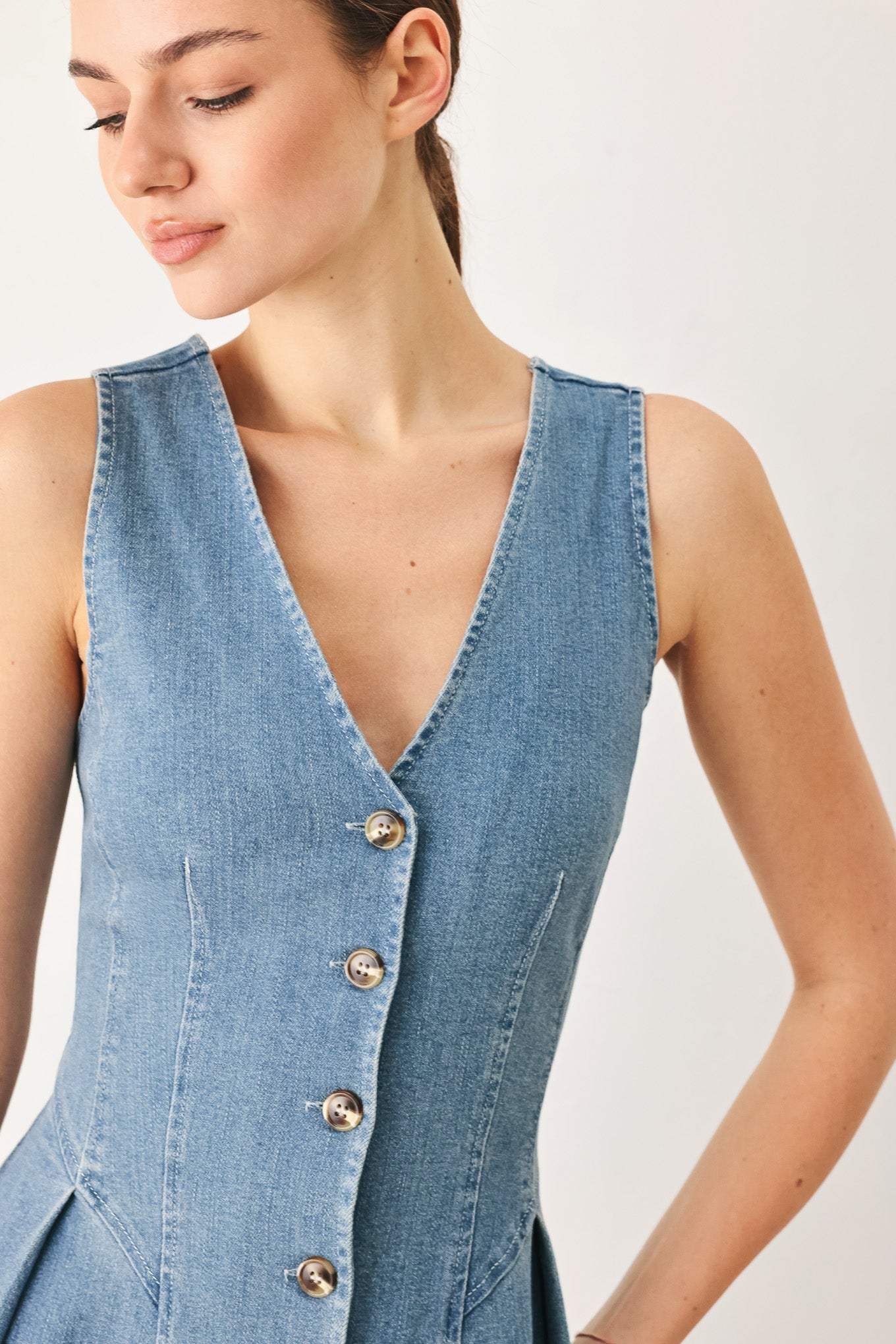 SWEETHEART V-NECK DENIM MIDI DRESS - Flying Tomato - Flyclothing LLC