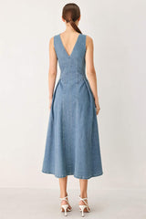 SWEETHEART V-NECK DENIM MIDI DRESS - Flying Tomato - Flyclothing LLC