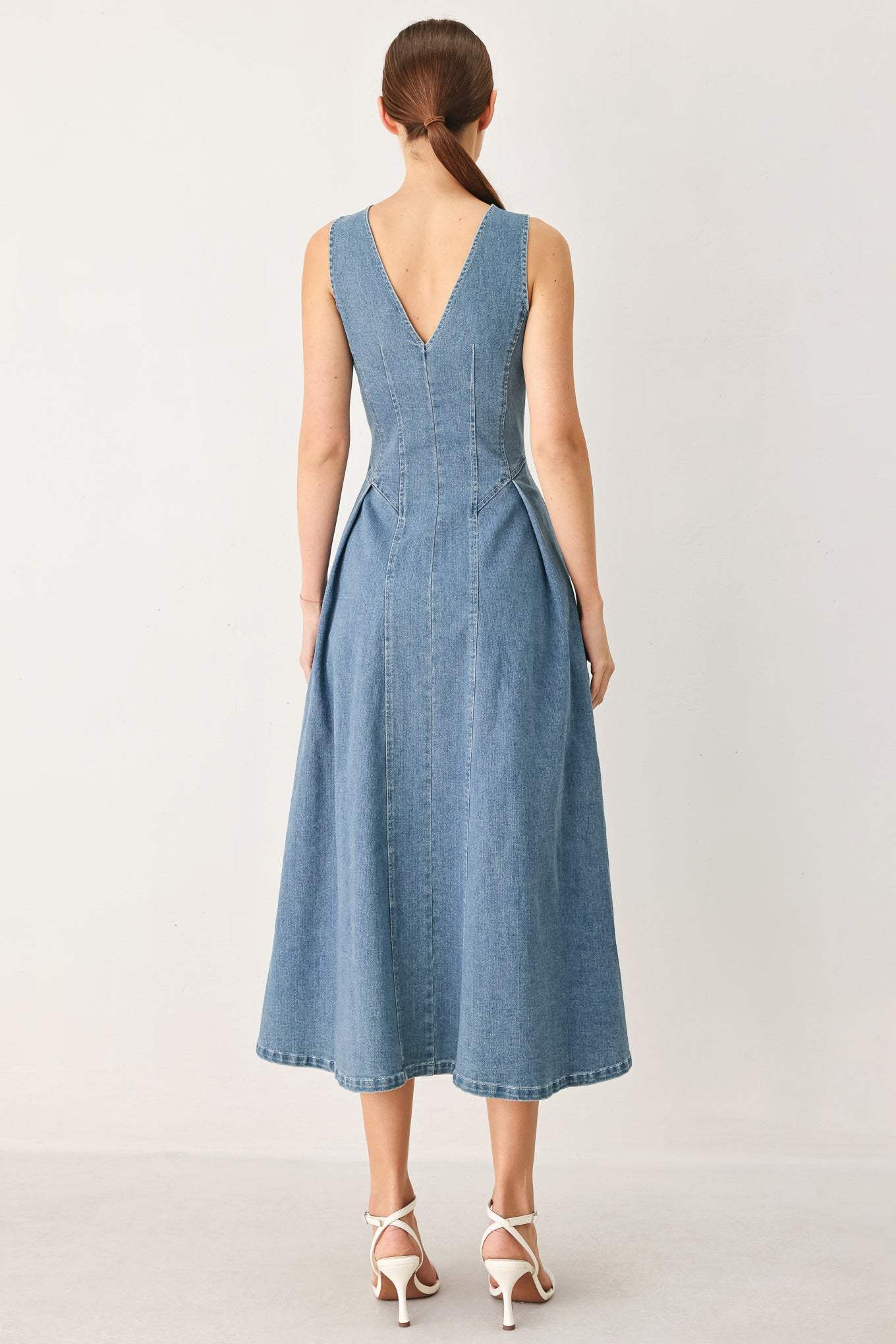 SWEETHEART V-NECK DENIM MIDI DRESS - Flying Tomato - Flyclothing LLC