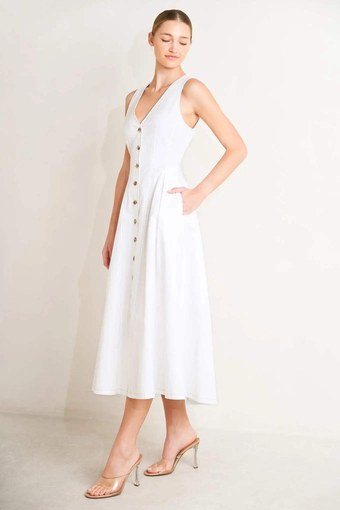 ELEGANTLY YOURS WOVEN MIDI DRESS - Flying Tomato - Flyclothing LLC