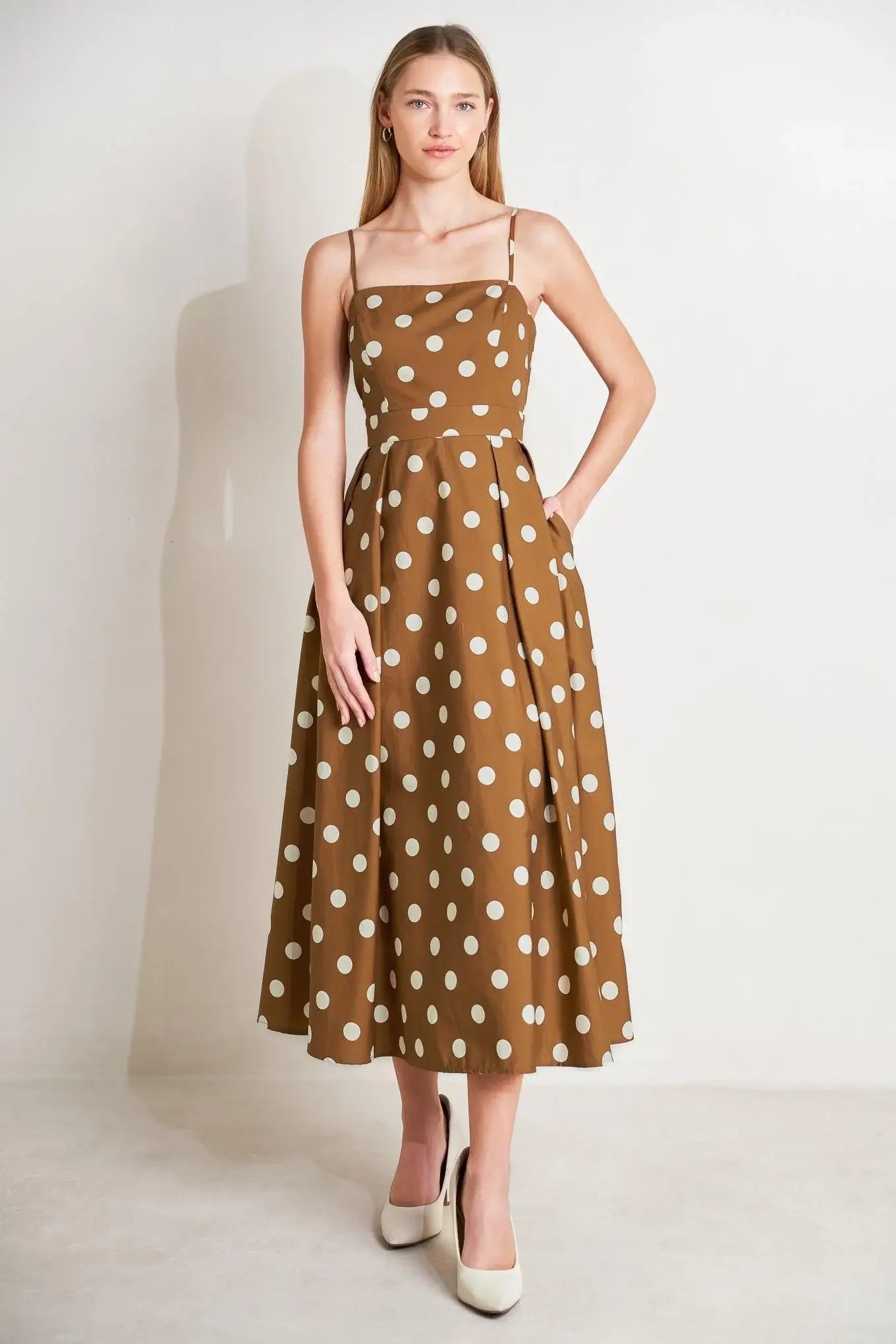 ESPRESSO DOT DREAM WOVEN MIDI DRESS - Flying Tomato - Flyclothing LLC