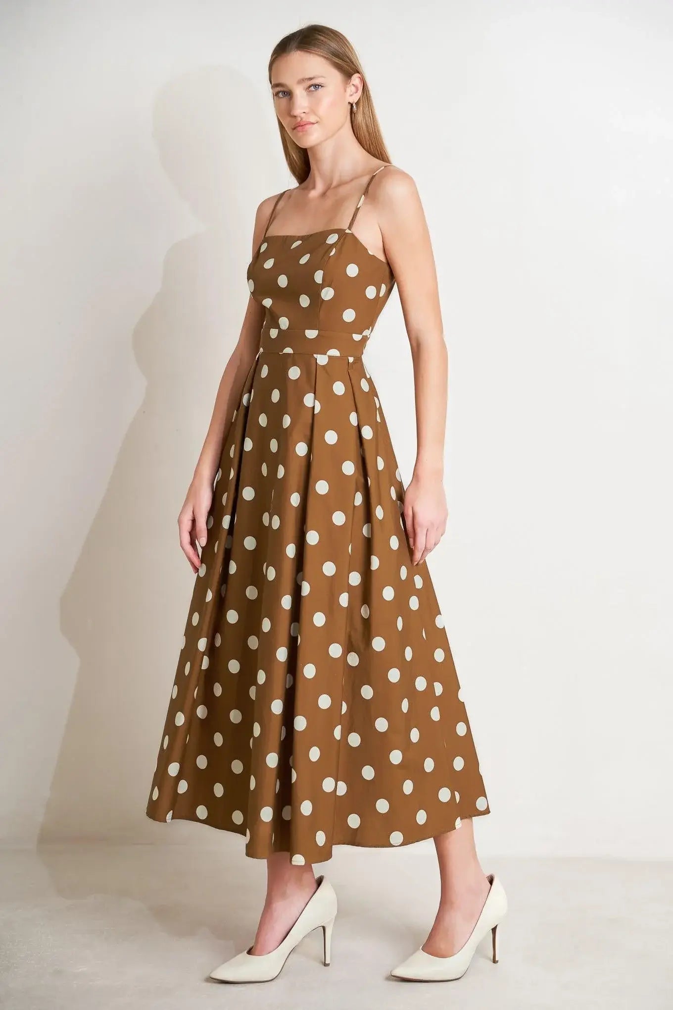 ESPRESSO DOT DREAM WOVEN MIDI DRESS - Flying Tomato - Flyclothing LLC