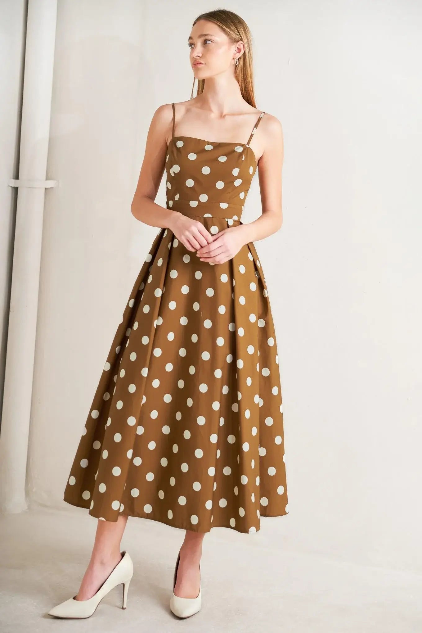 ESPRESSO DOT DREAM WOVEN MIDI DRESS - Flying Tomato - Flyclothing LLC