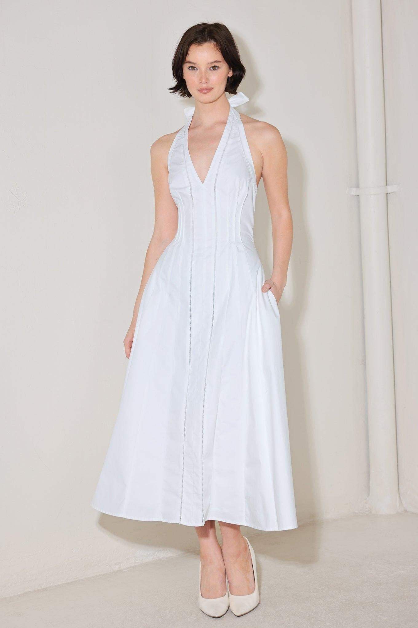 POWDER SKY HALTER WOVEN MIDI DRESS - Flying Tomato - Flyclothing LLC