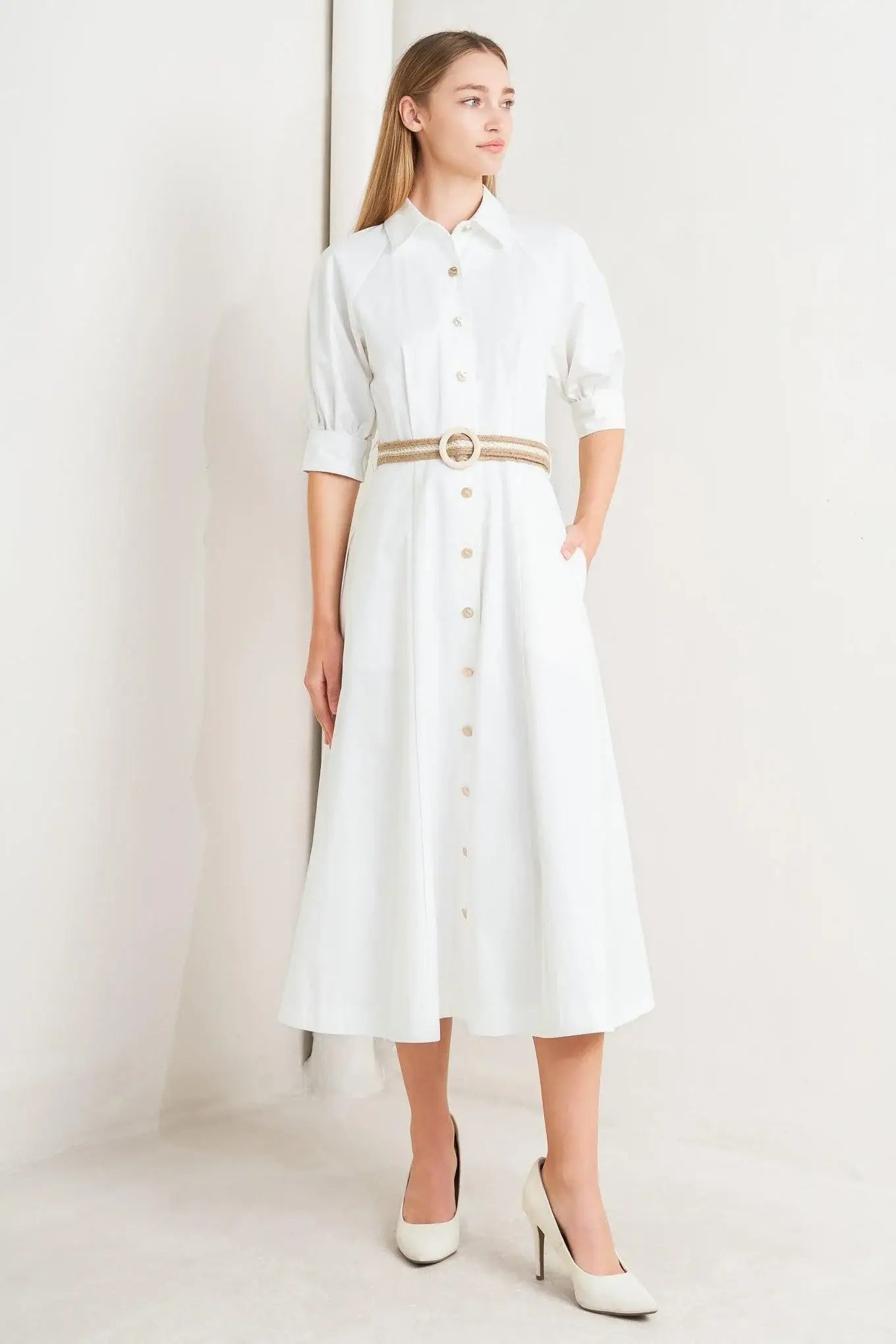 RELAXED TAILOR WOVEN MIDI DRESS - Flying Tomato - Flyclothing LLC