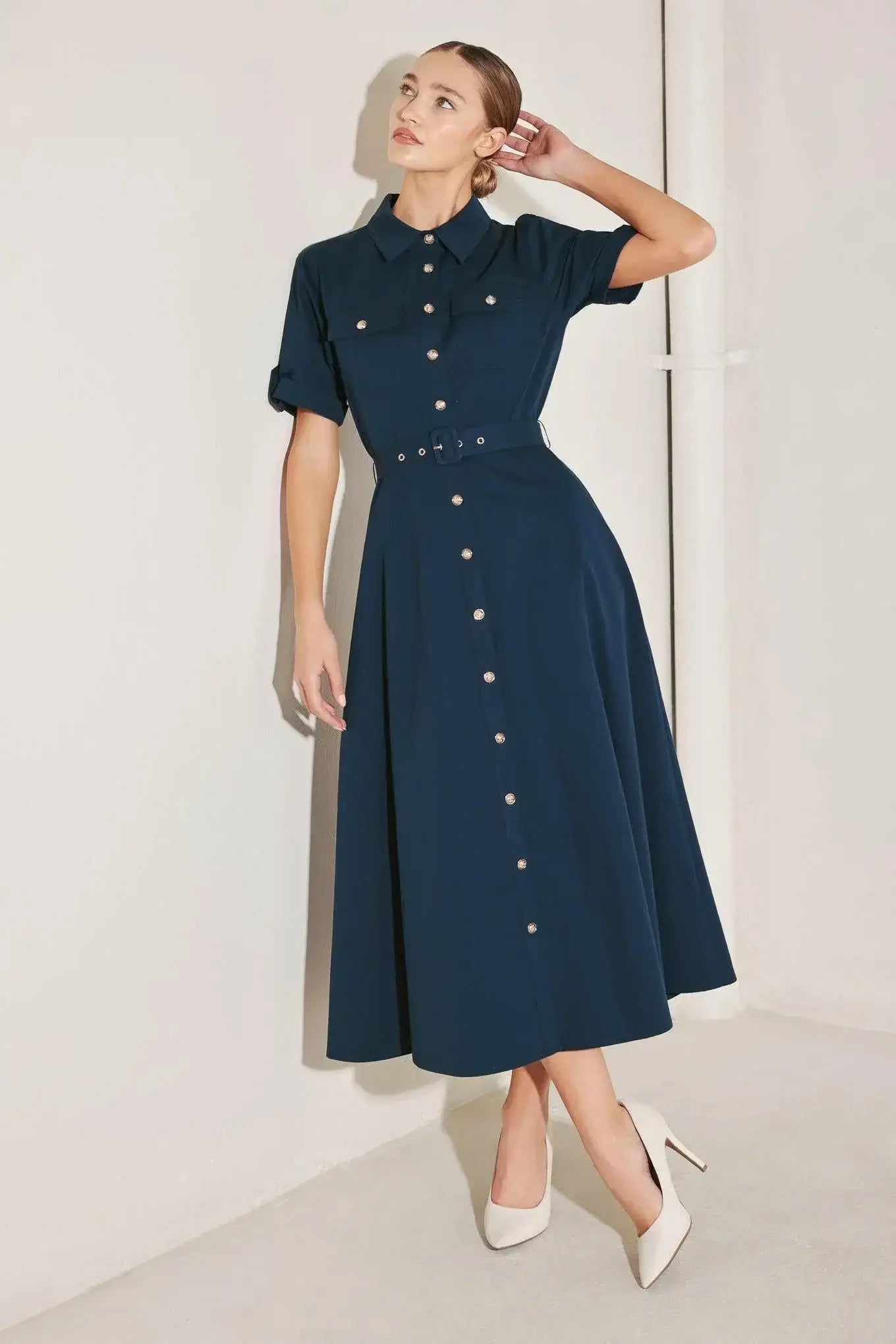 CLASSIC AUTHORITY WOVEN MIDI DRESS - Flying Tomato - Flyclothing LLC