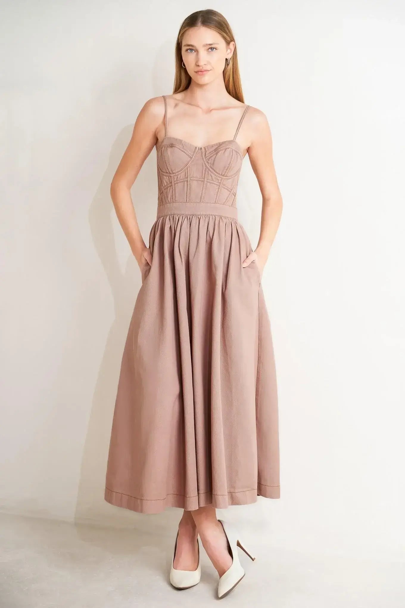 UNDERSTATED GLAM WOVEN TWILL MIDI DRESS - Flying Tomato - Flyclothing LLC