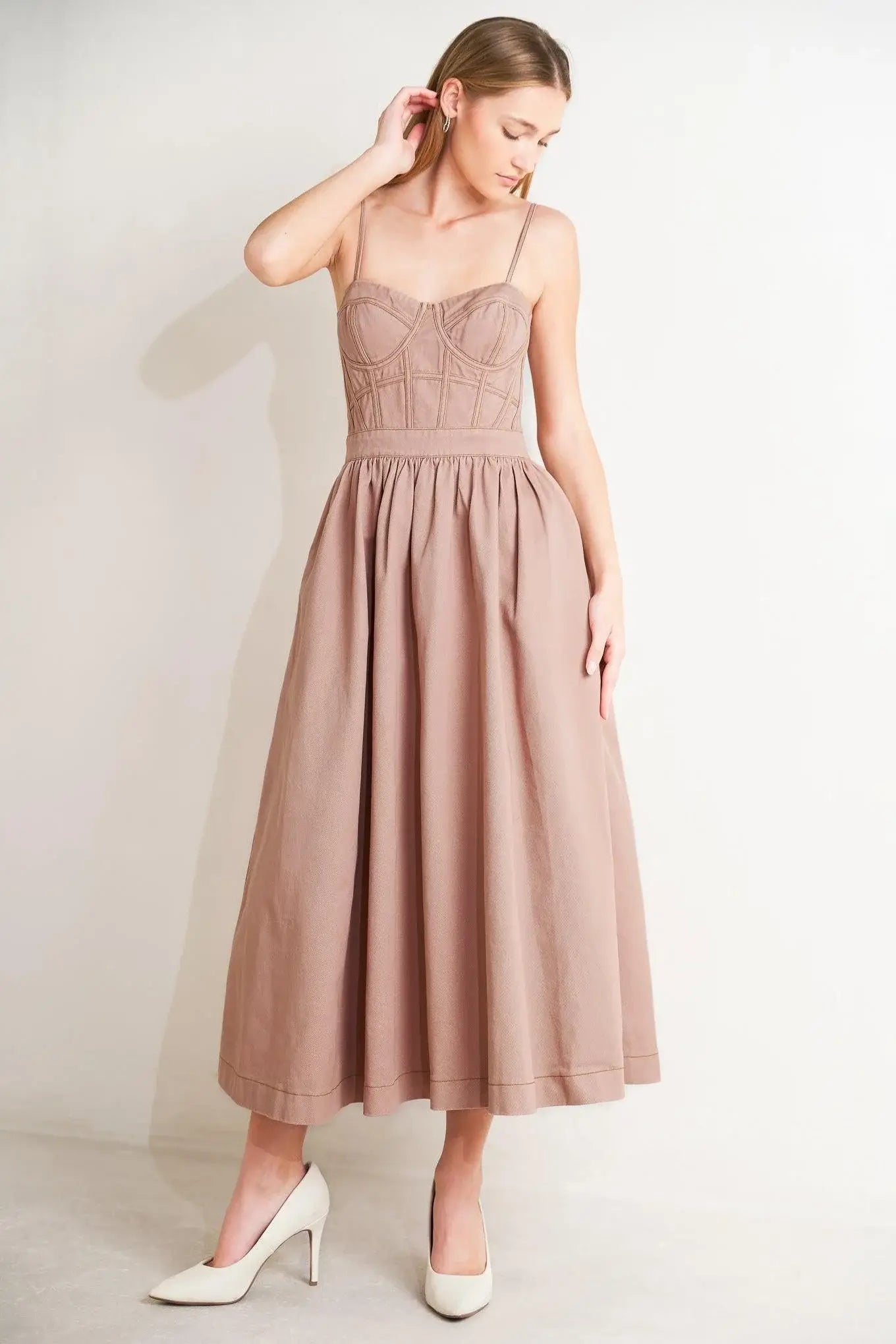 UNDERSTATED GLAM WOVEN TWILL MIDI DRESS - Flying Tomato - Flyclothing LLC