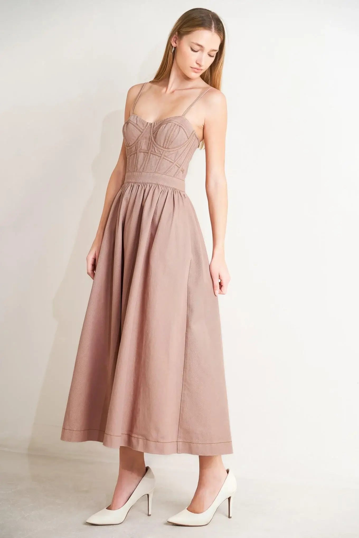 UNDERSTATED GLAM WOVEN TWILL MIDI DRESS - Flying Tomato - Flyclothing LLC