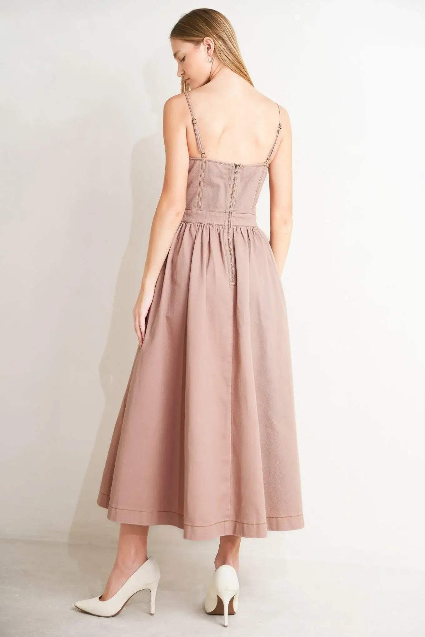 UNDERSTATED GLAM WOVEN TWILL MIDI DRESS - Flying Tomato - Flyclothing LLC