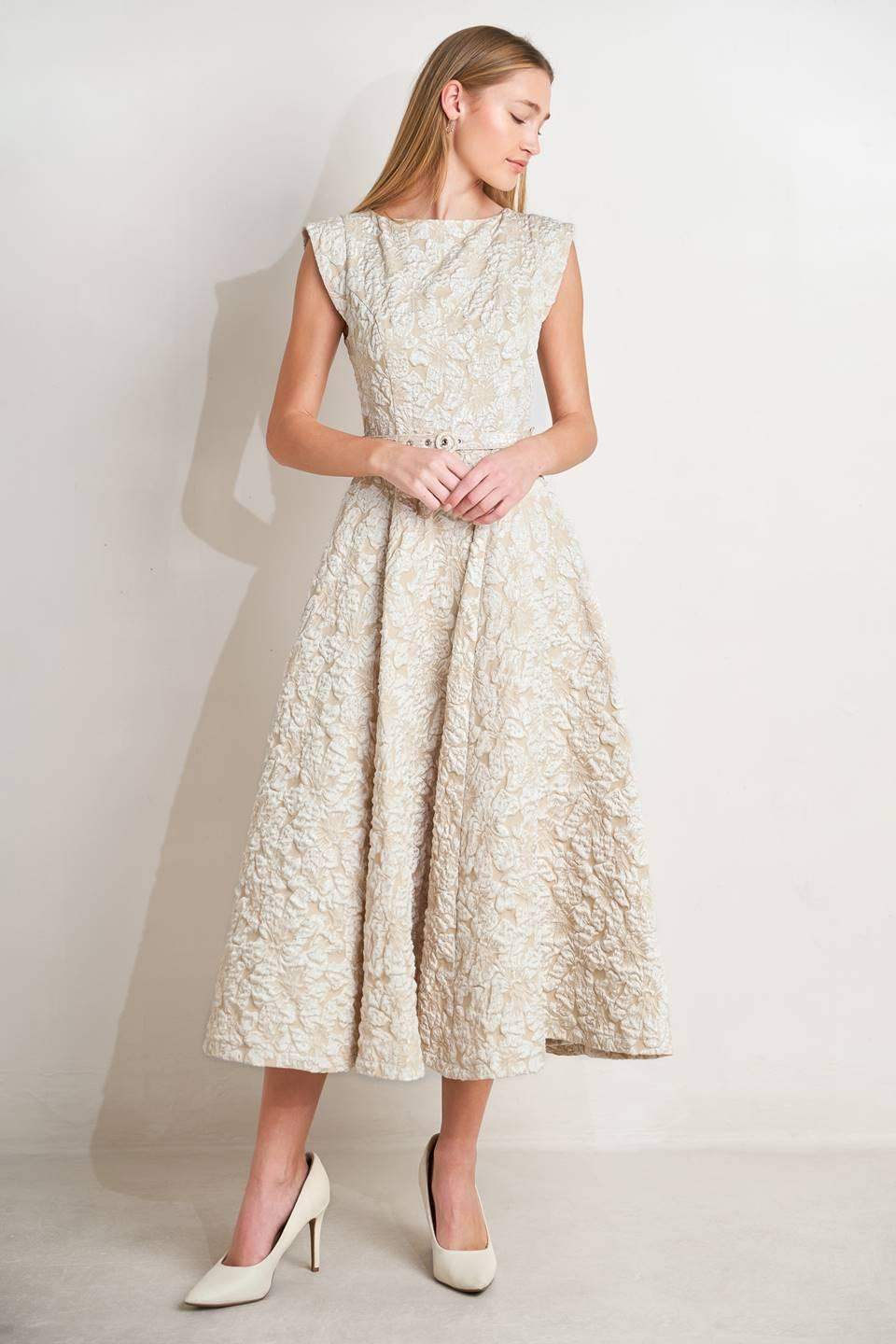 STATEMENT IN IVORY WOVEN MIDI DRESS - Flying Tomato - Flyclothing LLC