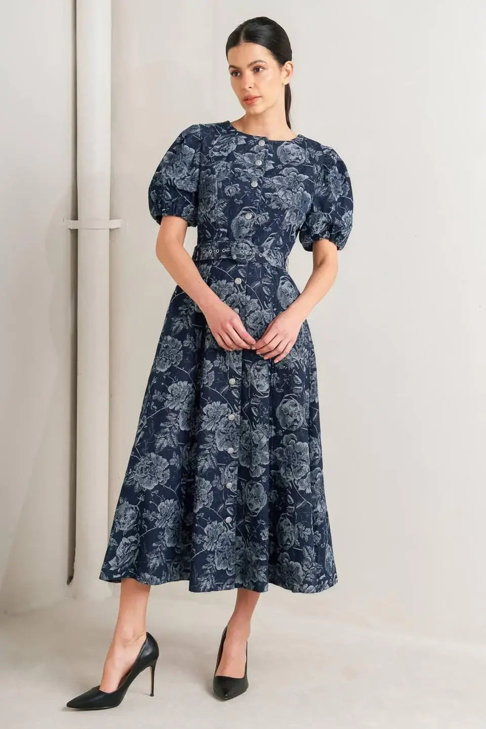 DARK BLOOM JACQUARD DENIM MIDI DRESS - Flying Tomato - Flyclothing LLC