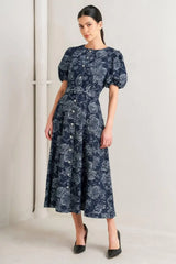 DARK BLOOM JACQUARD DENIM MIDI DRESS - Flying Tomato - Flyclothing LLC