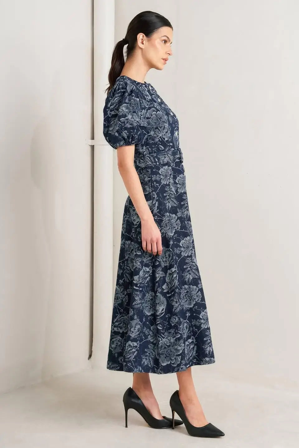DARK BLOOM JACQUARD DENIM MIDI DRESS - Flying Tomato - Flyclothing LLC