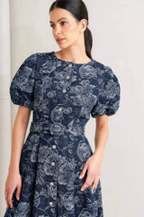 DARK BLOOM JACQUARD DENIM MIDI DRESS - Flying Tomato - Flyclothing LLC