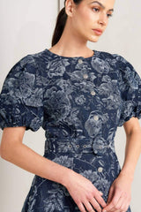 DARK BLOOM JACQUARD DENIM MIDI DRESS - Flying Tomato - Flyclothing LLC