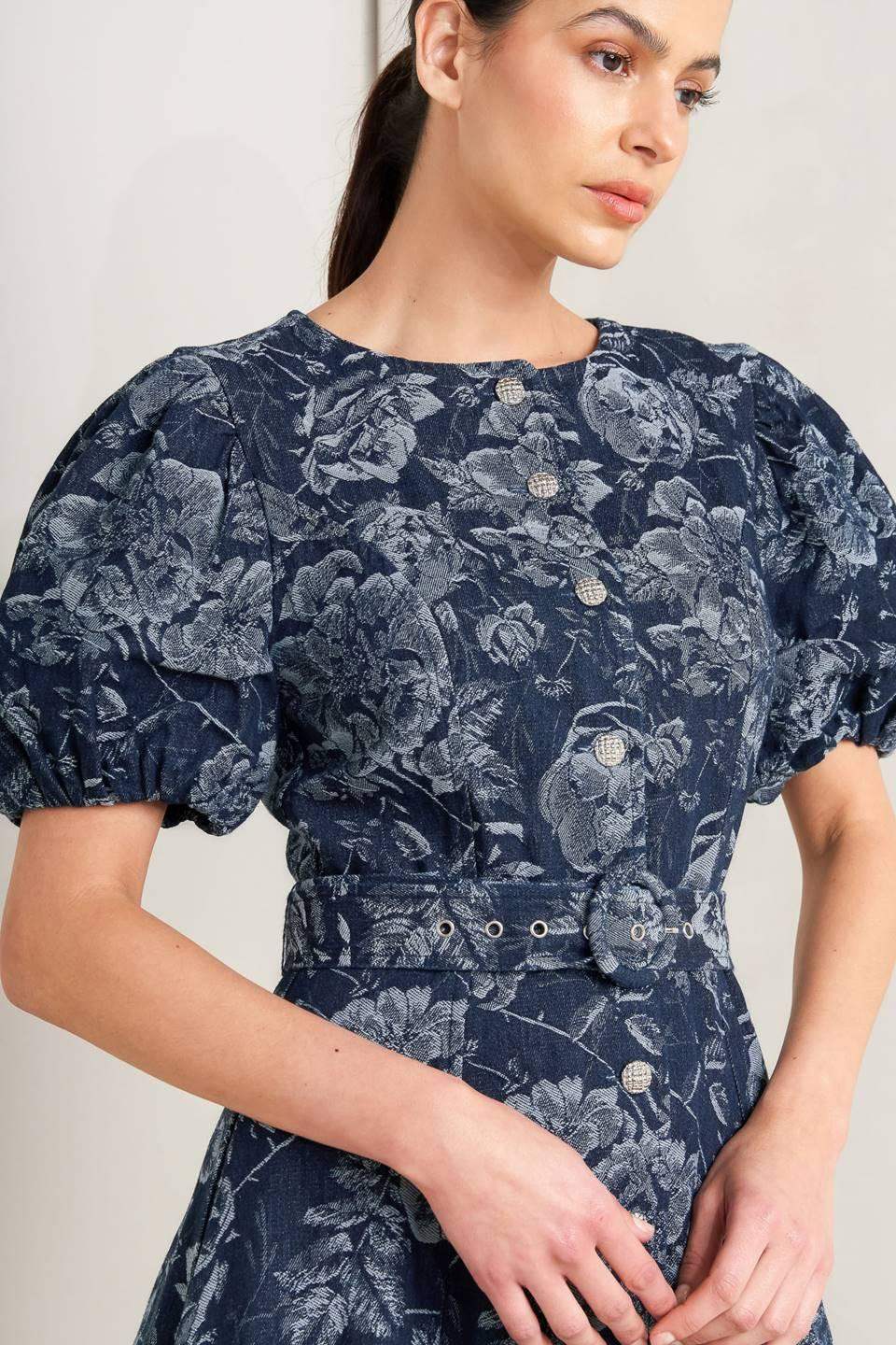 DARK BLOOM JACQUARD DENIM MIDI DRESS - Flying Tomato - Flyclothing LLC