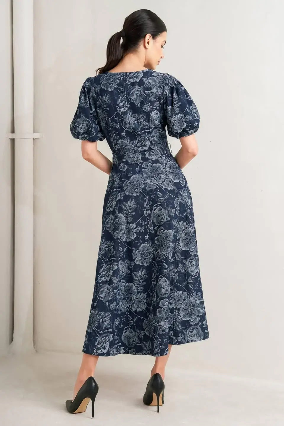 DARK BLOOM JACQUARD DENIM MIDI DRESS - Flying Tomato - Flyclothing LLC