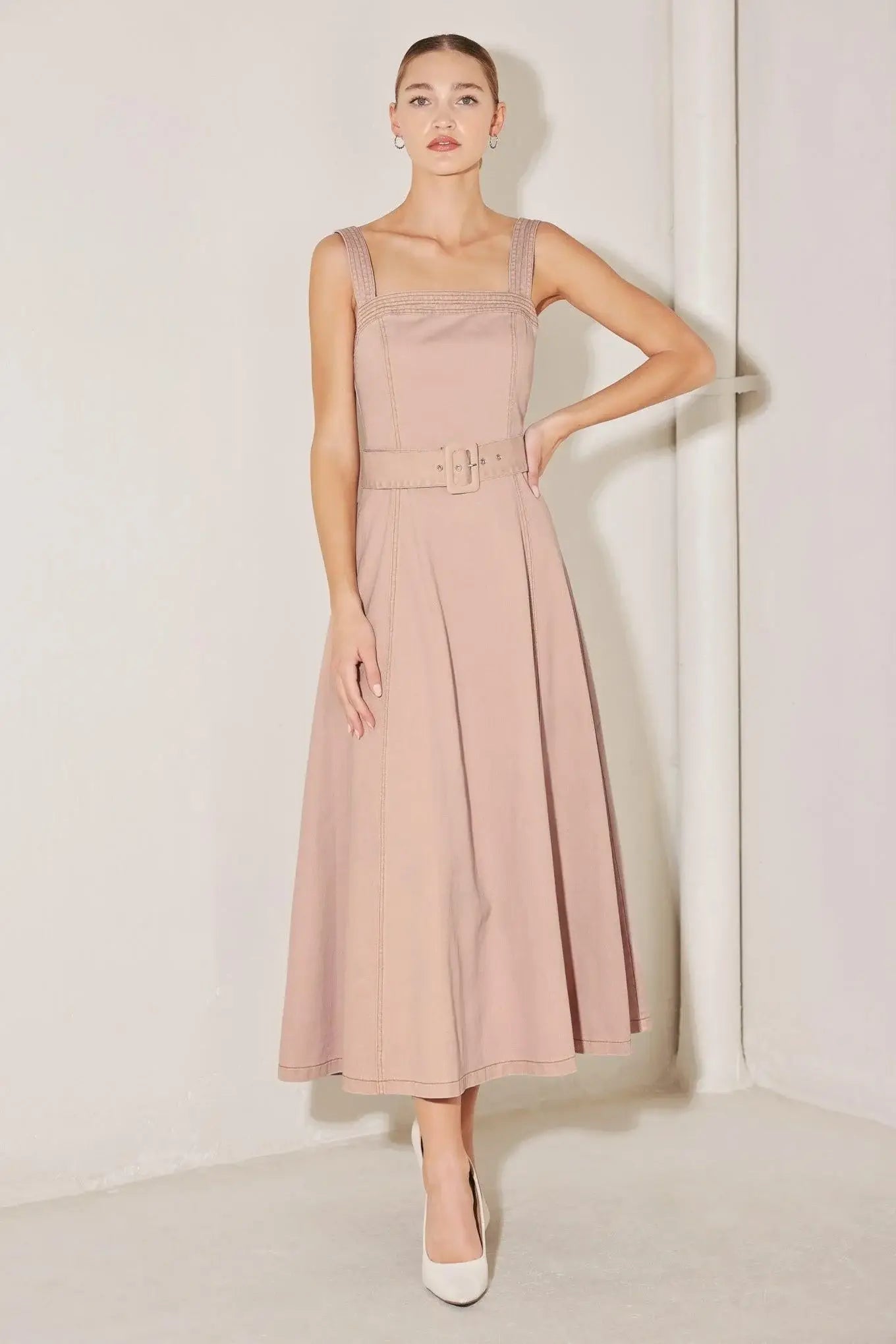 ELEVATED NEUTRAL BLUSH WOVEN MIDI DRESS - Flying Tomato - Flyclothing LLC