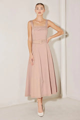 ELEVATED NEUTRAL BLUSH WOVEN MIDI DRESS - Flying Tomato - Flyclothing LLC