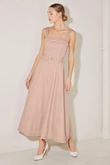 ELEVATED NEUTRAL BLUSH WOVEN MIDI DRESS - Flying Tomato - Flyclothing LLC