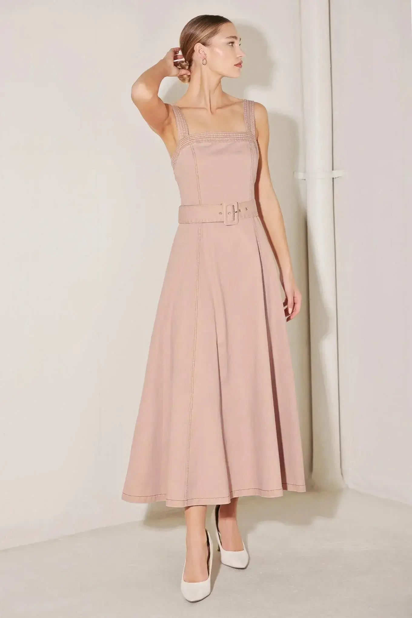 ELEVATED NEUTRAL BLUSH WOVEN MIDI DRESS - Flying Tomato - Flyclothing LLC