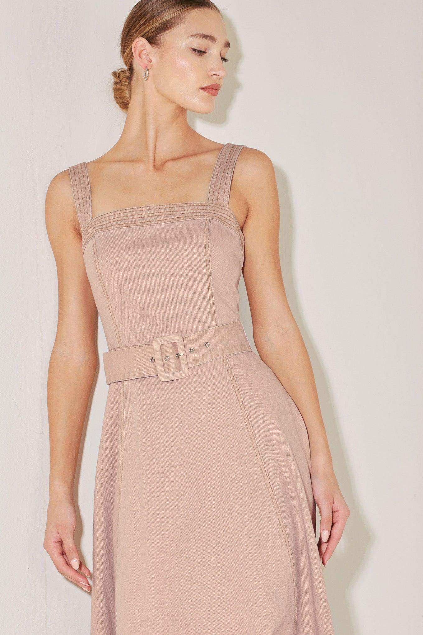 ELEVATED NEUTRAL BLUSH WOVEN MIDI DRESS - Flying Tomato - Flyclothing LLC