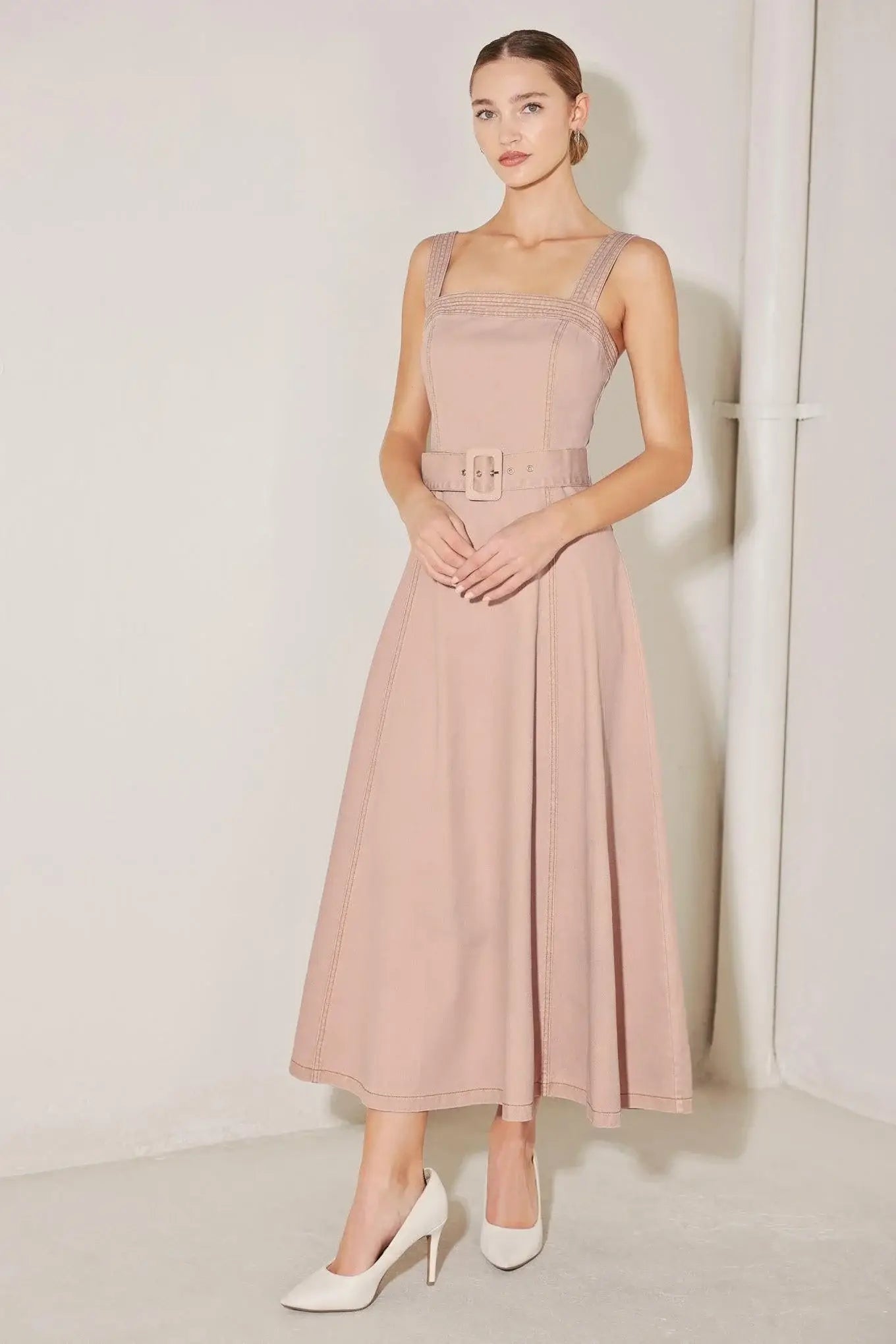 ELEVATED NEUTRAL BLUSH WOVEN MIDI DRESS - Flying Tomato - Flyclothing LLC