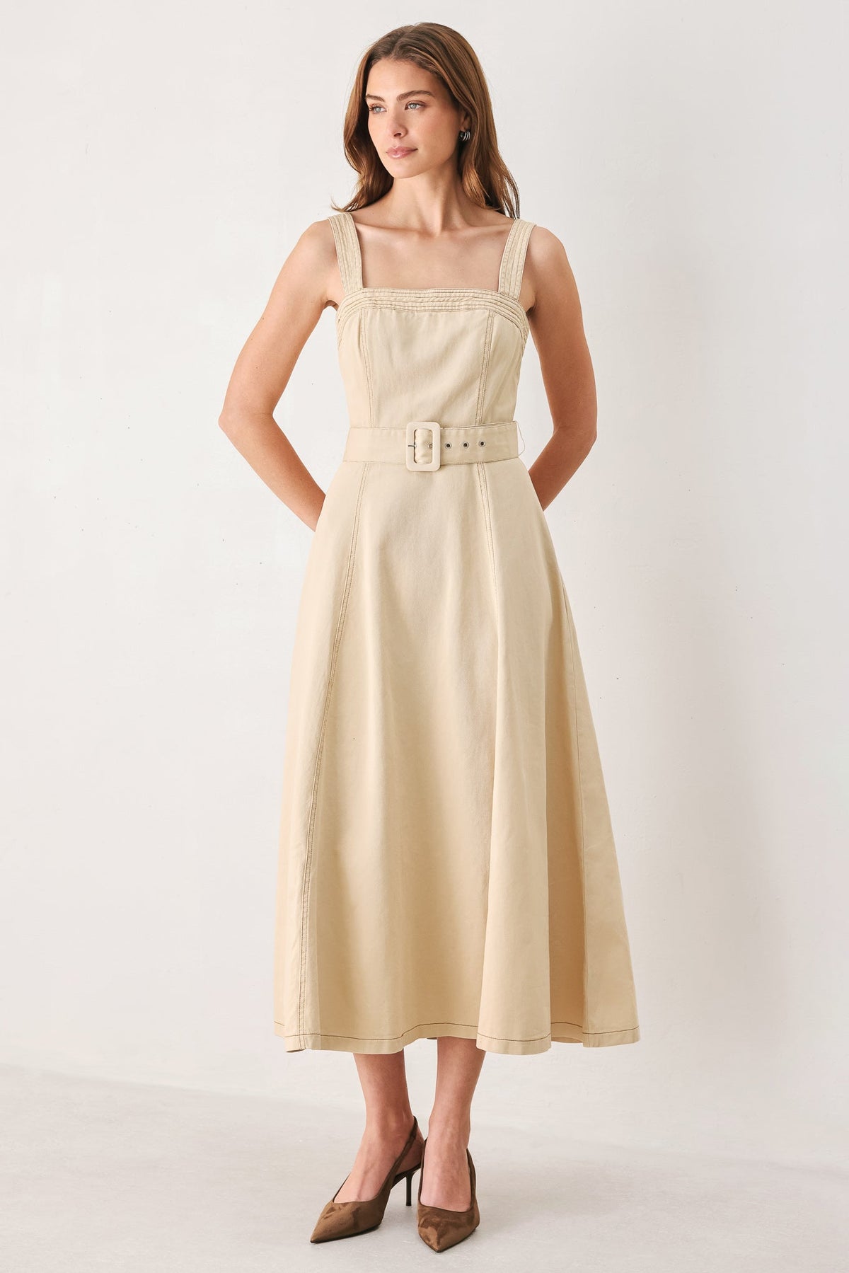 ELEVATED NEUTRAL WOVEN MIDI DRESS - Flying Tomato - Flyclothing LLC