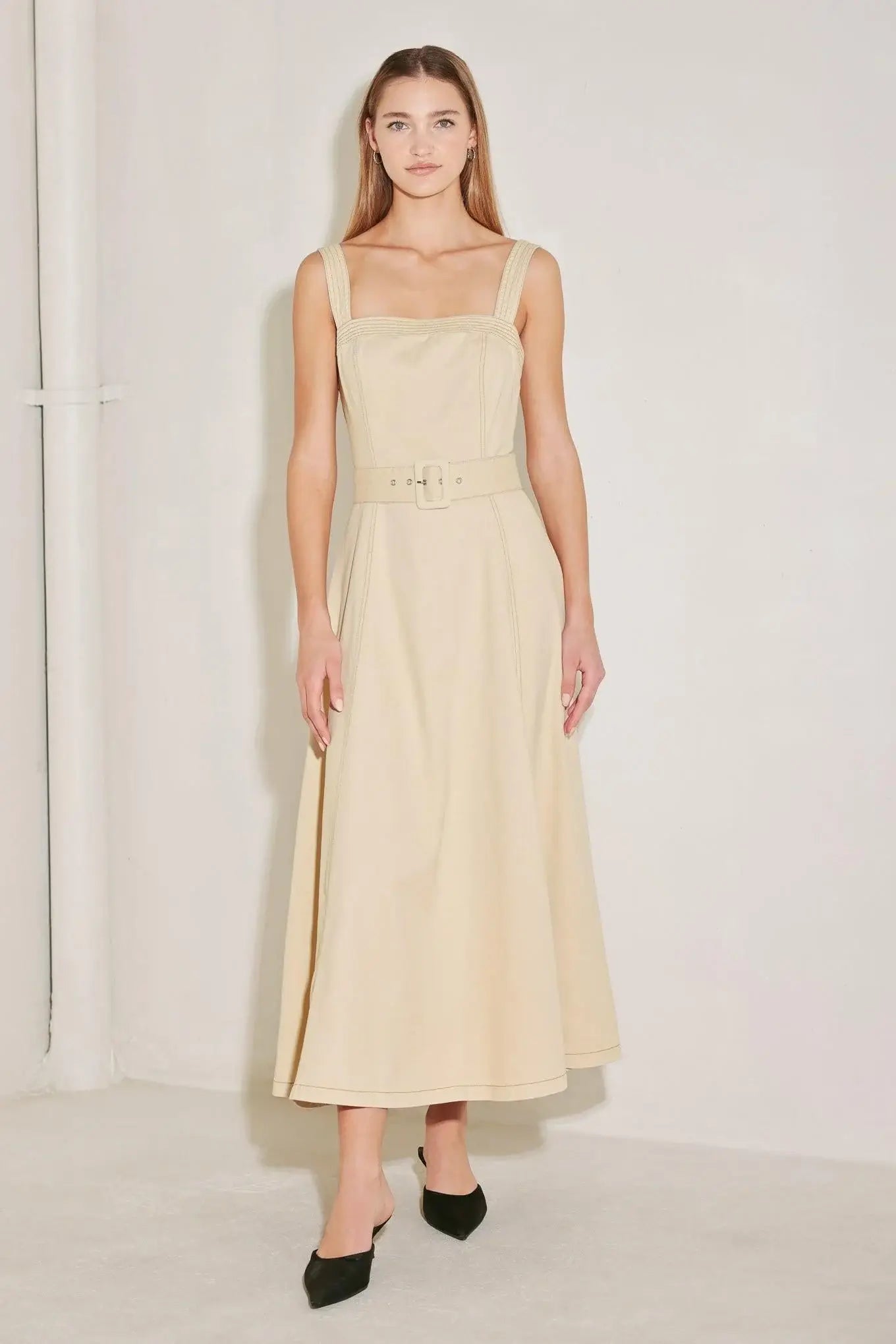 ELEVATED NEUTRAL WOVEN MIDI DRESS - Flying Tomato - Flyclothing LLC