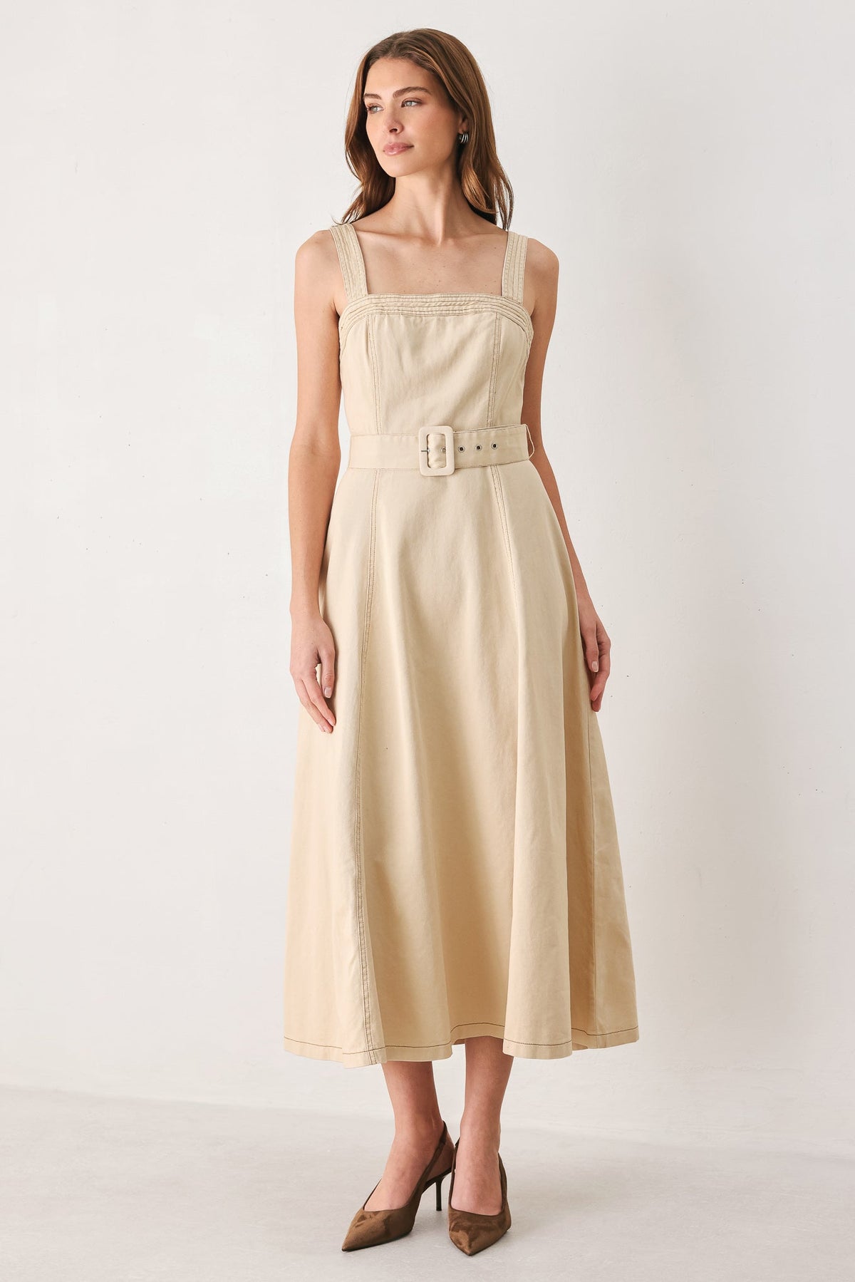 ELEVATED NEUTRAL WOVEN MIDI DRESS - Flying Tomato - Flyclothing LLC